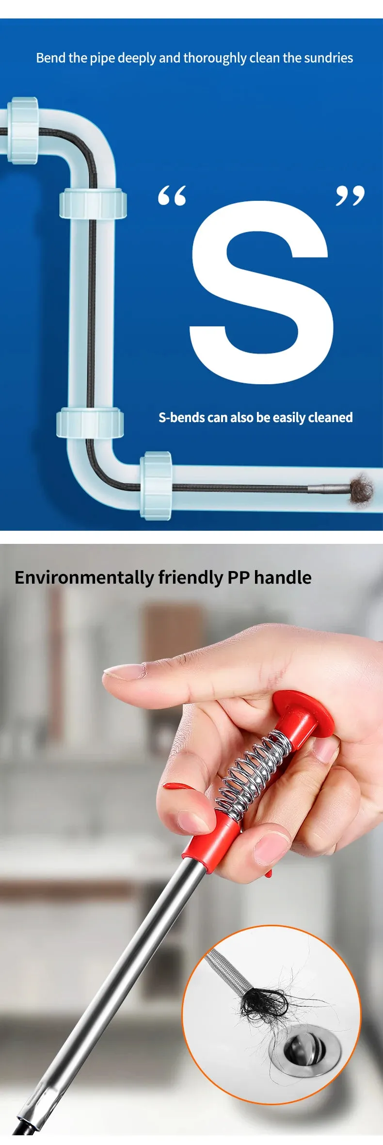 60cm Drain Snake Spring Pipe Dredging Tool, Drain Cleaner Stick Clog Remover Cleaning Household for Kitchen Bendable Pliable Sink Snake Tool