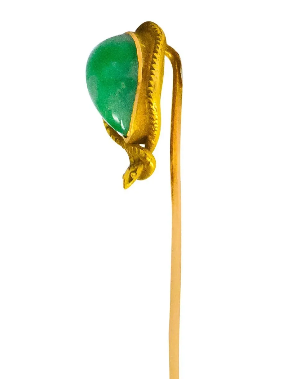 Art Nouveau Jade 14 Karat Yellow Gold Snake Stickpin