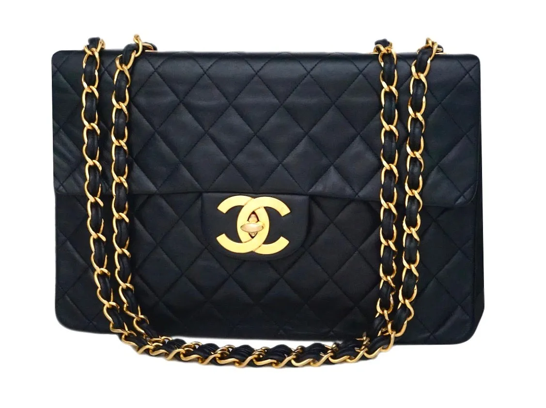 Authentic Chanel Black Lambskin Maxi Jumbo XL