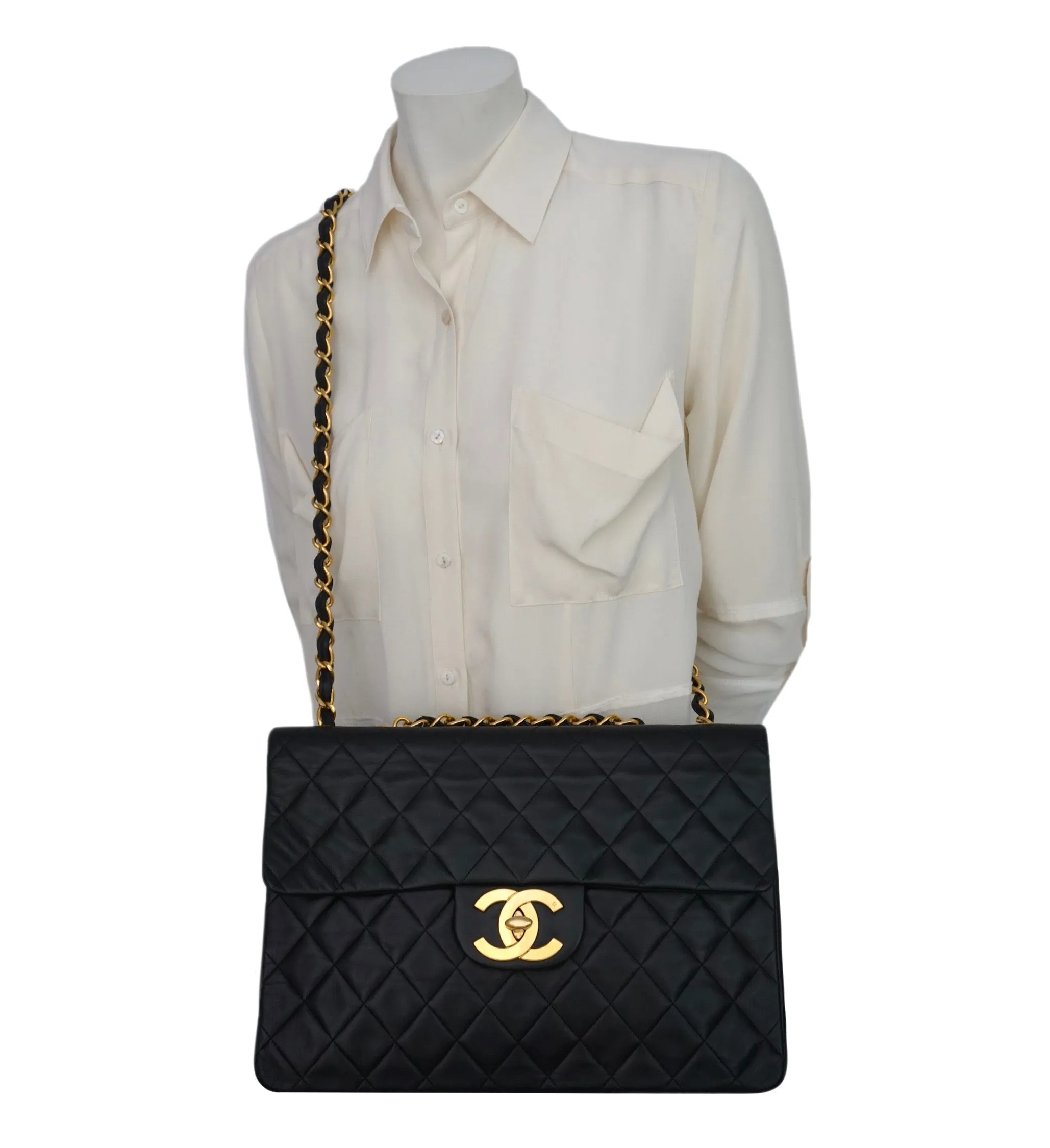 Authentic Chanel Black Lambskin Maxi Jumbo XL