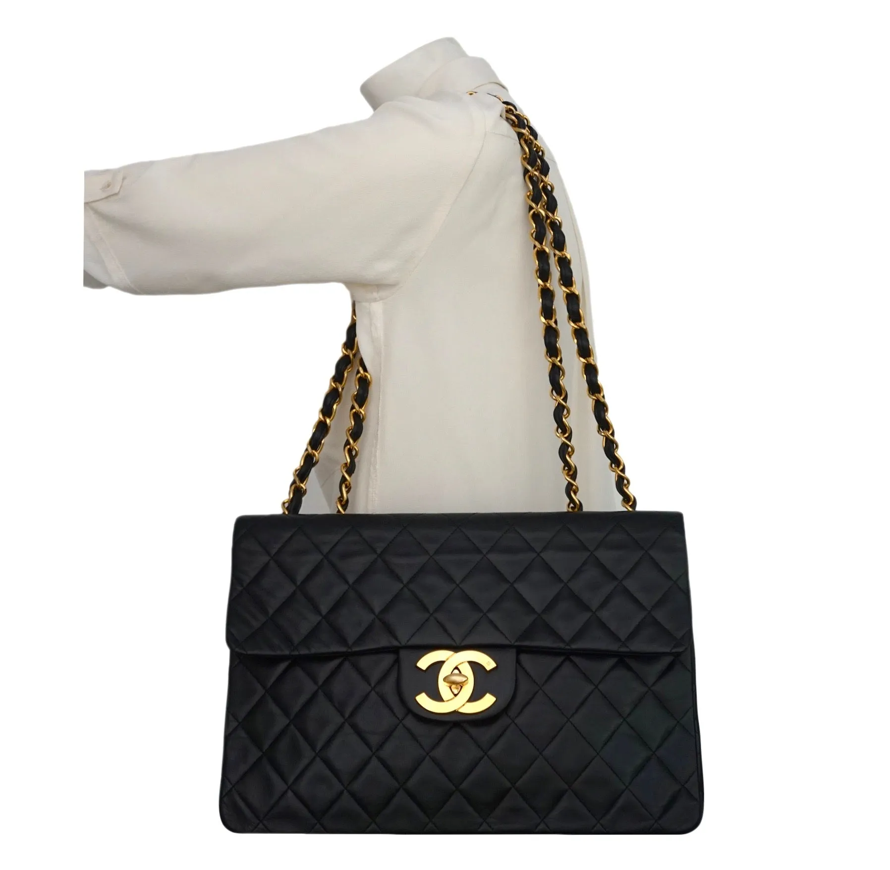 Authentic Chanel Black Lambskin Maxi Jumbo XL