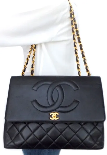 Authentic Chanel Vintage Black Lamb Rare Maxi Jumbo