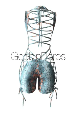 Blue Snakeskin Kiara Lace Up Romper