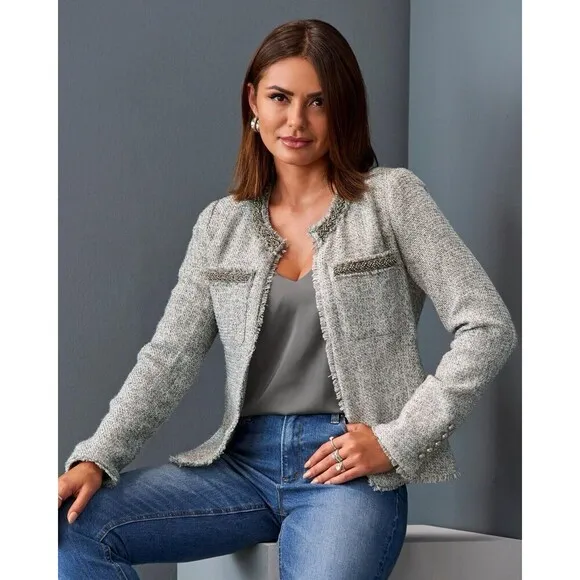 Boston Proper NWT Women’s Crystal Trim Collarless Tweed Blazer Career Size 16
