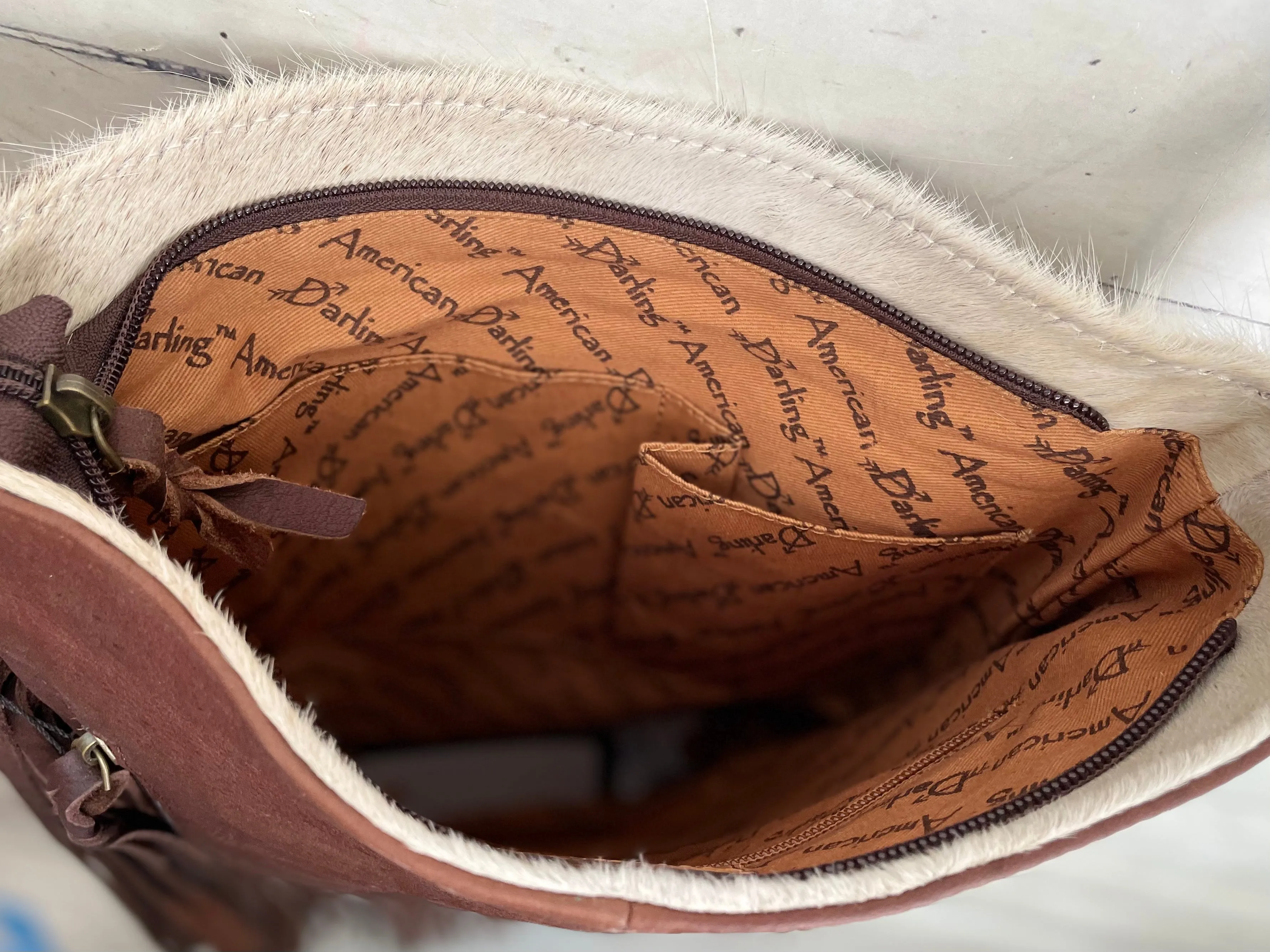 Brown & White Cowhide Fringe Crossbody Bag