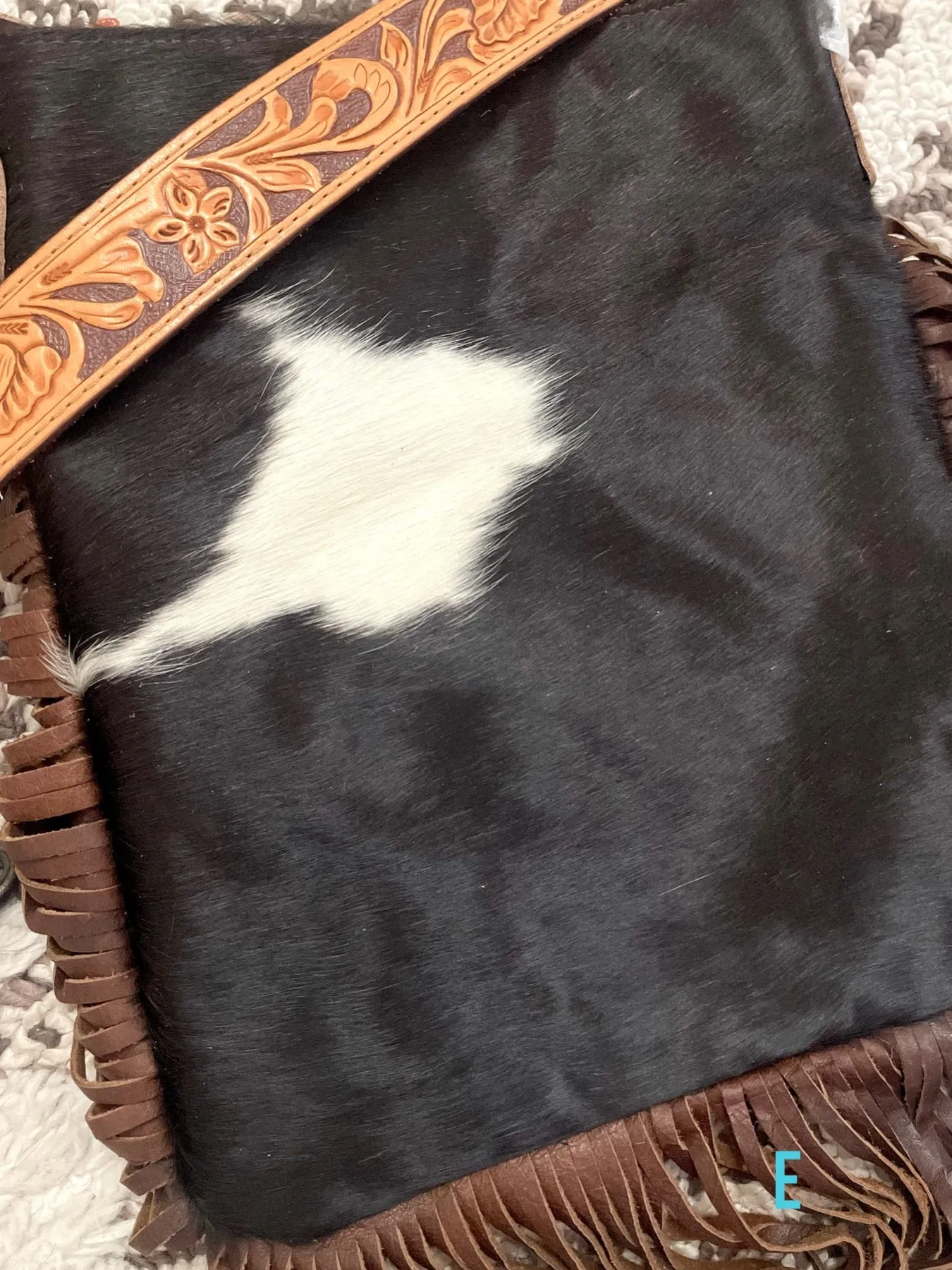 Brown & White Cowhide Fringe Crossbody Bag
