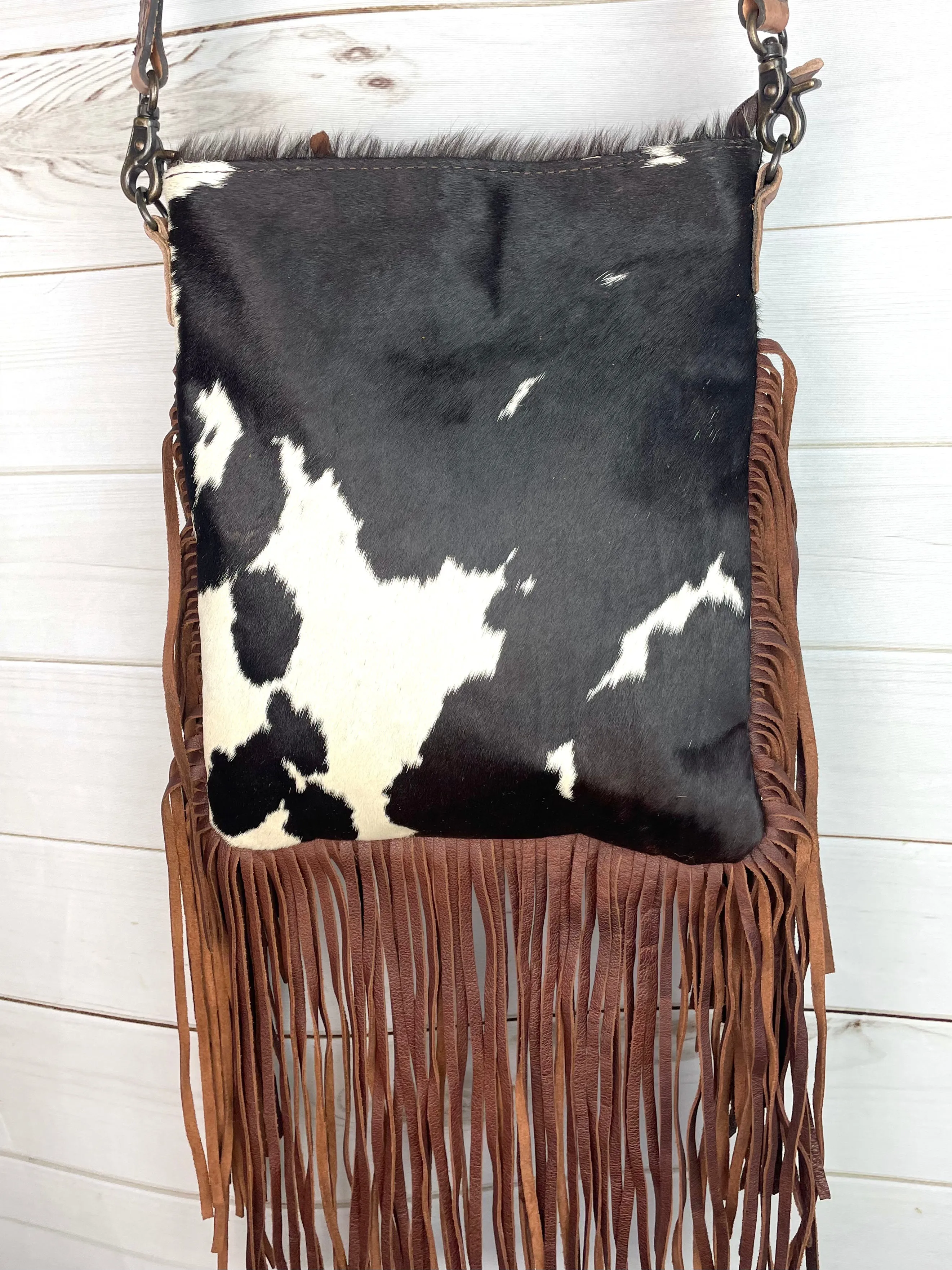 Brown & White Cowhide Fringe Crossbody Bag