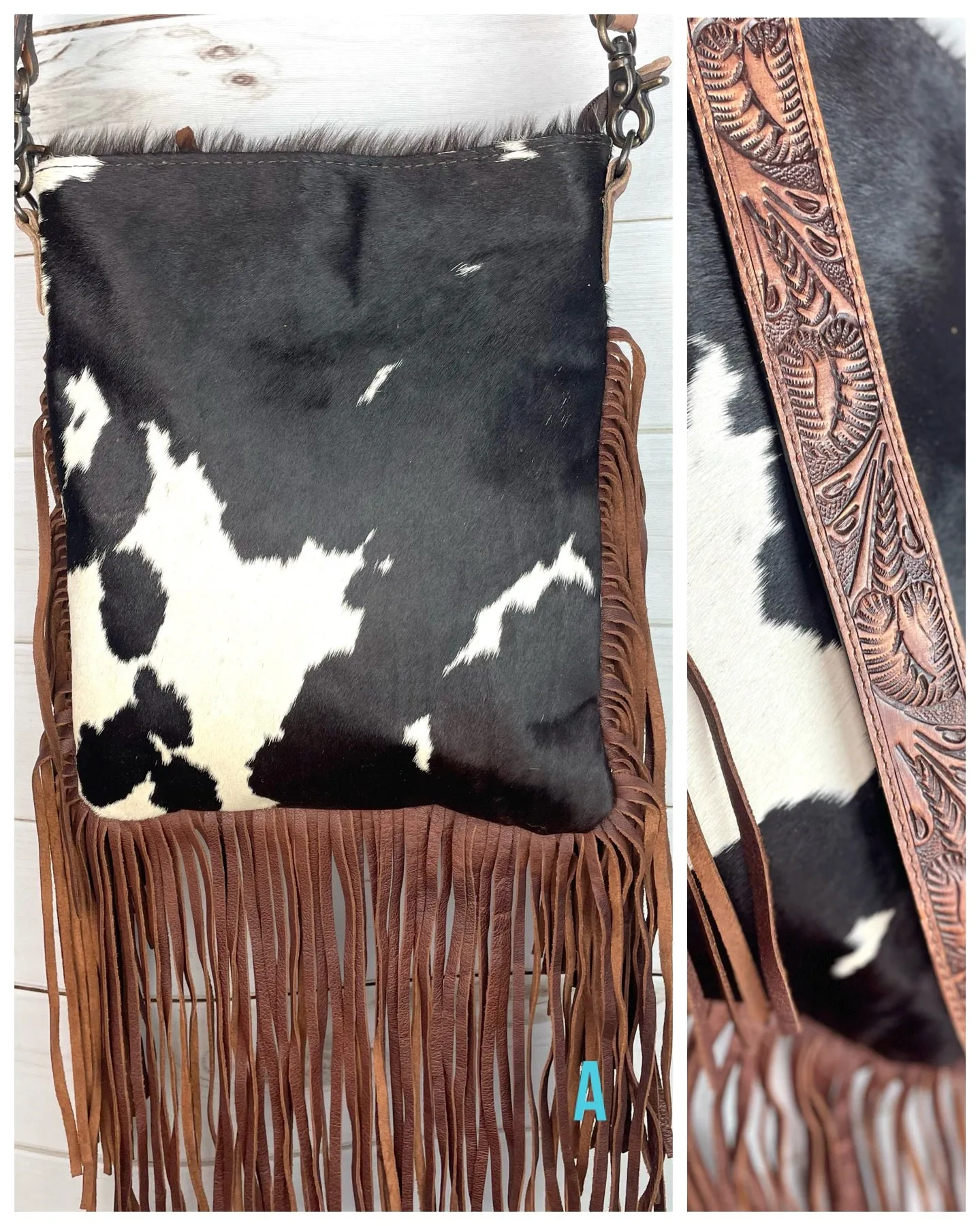 Brown & White Cowhide Fringe Crossbody Bag