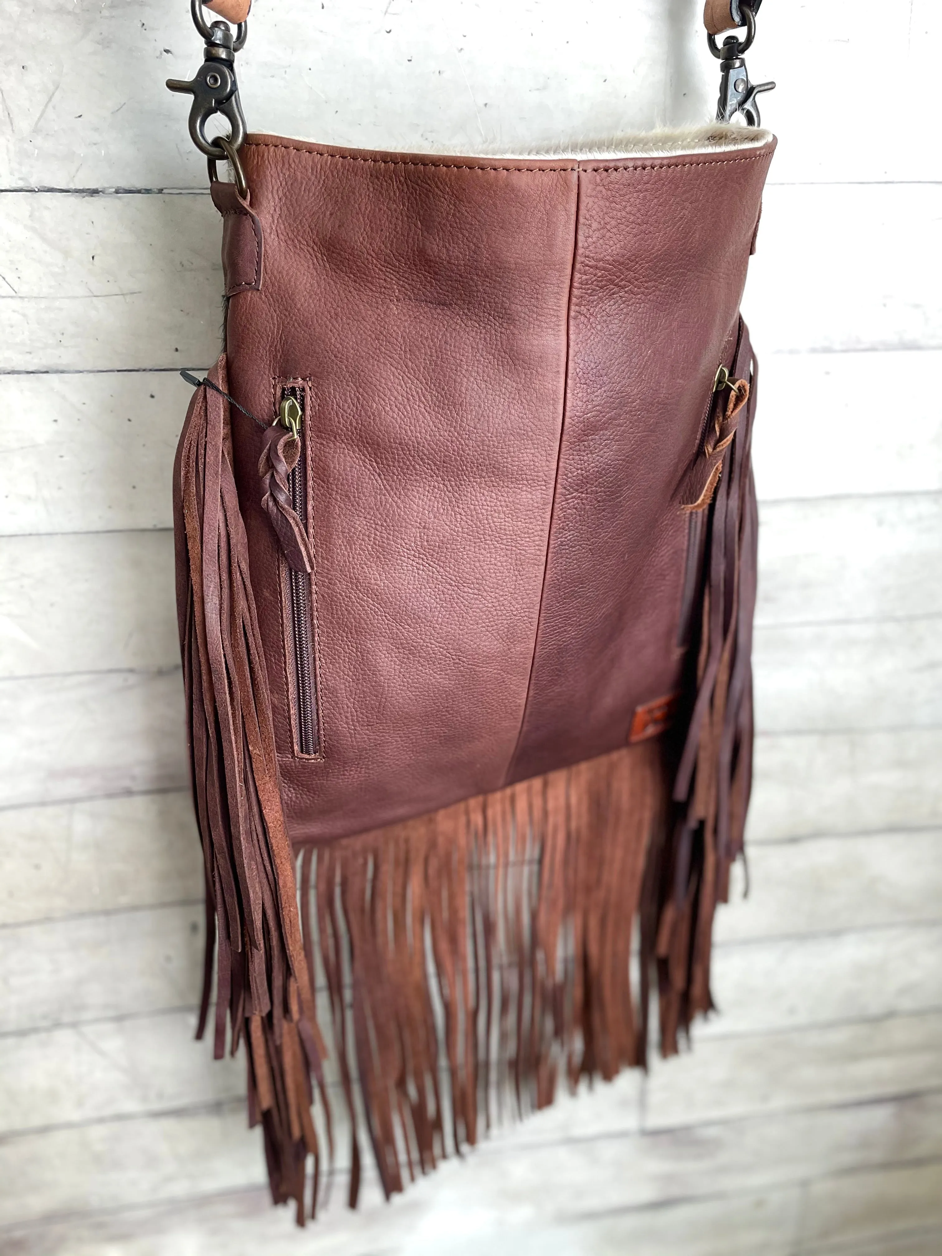 Brown & White Cowhide Fringe Crossbody Bag