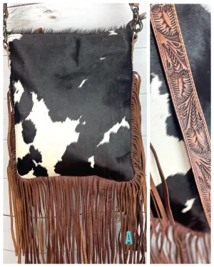 Brown & White Cowhide Fringe Crossbody Bag