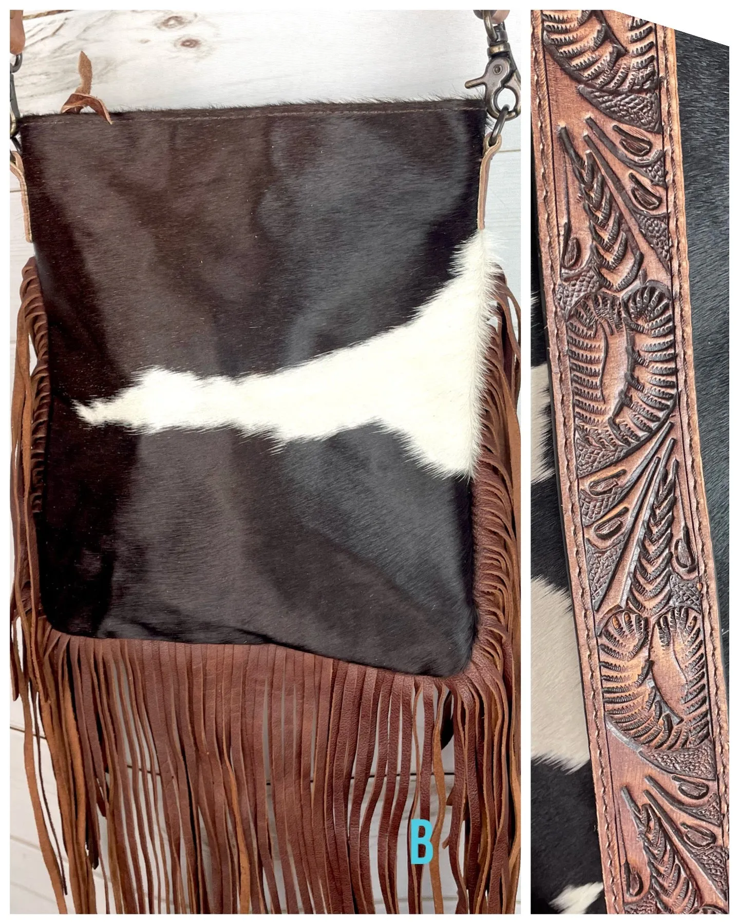 Brown & White Cowhide Fringe Crossbody Bag