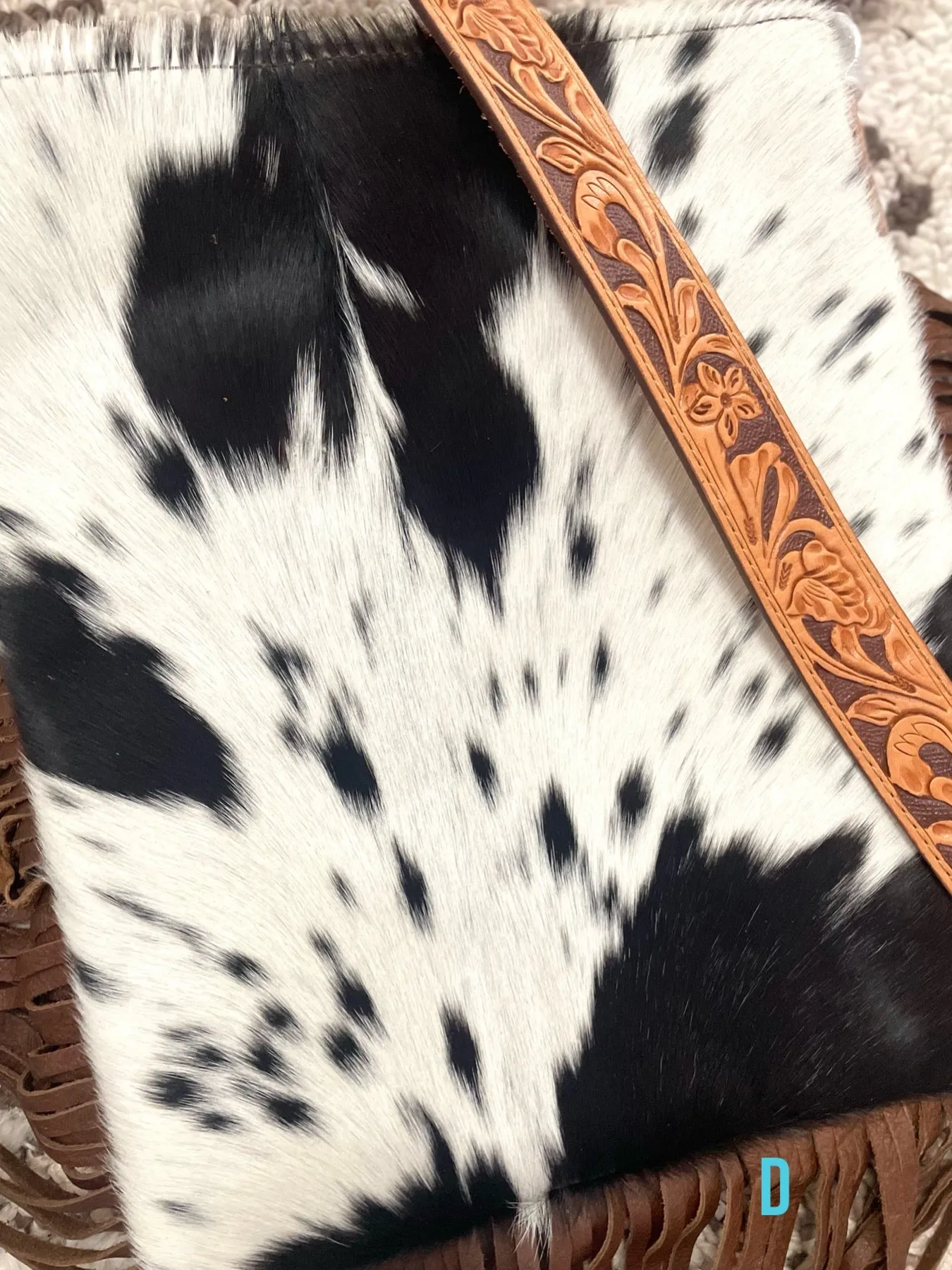 Brown & White Cowhide Fringe Crossbody Bag