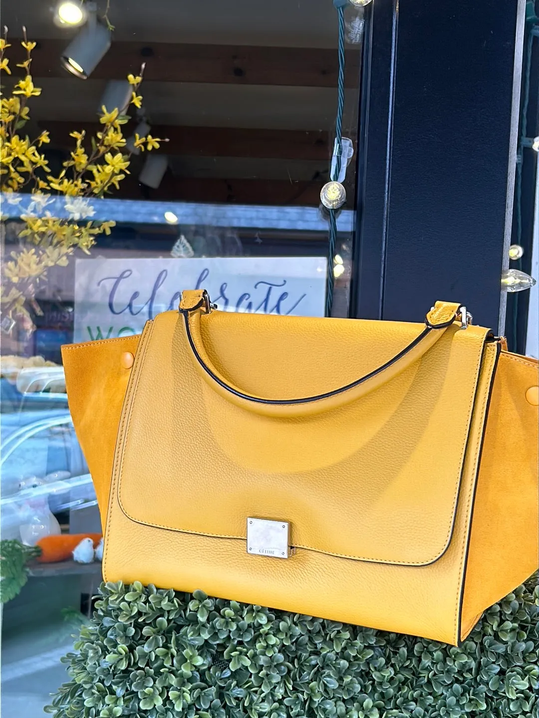 Celine Bag, Sunshine Yellow Leather & Suede Medium Trapeze Tote