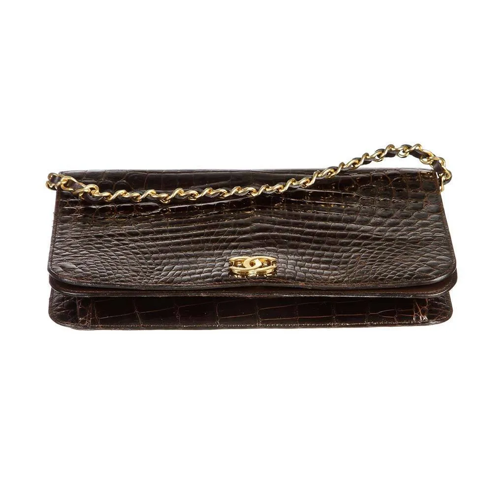 Chanel Brown Crocodile Vintage Flap Shoulder Bag