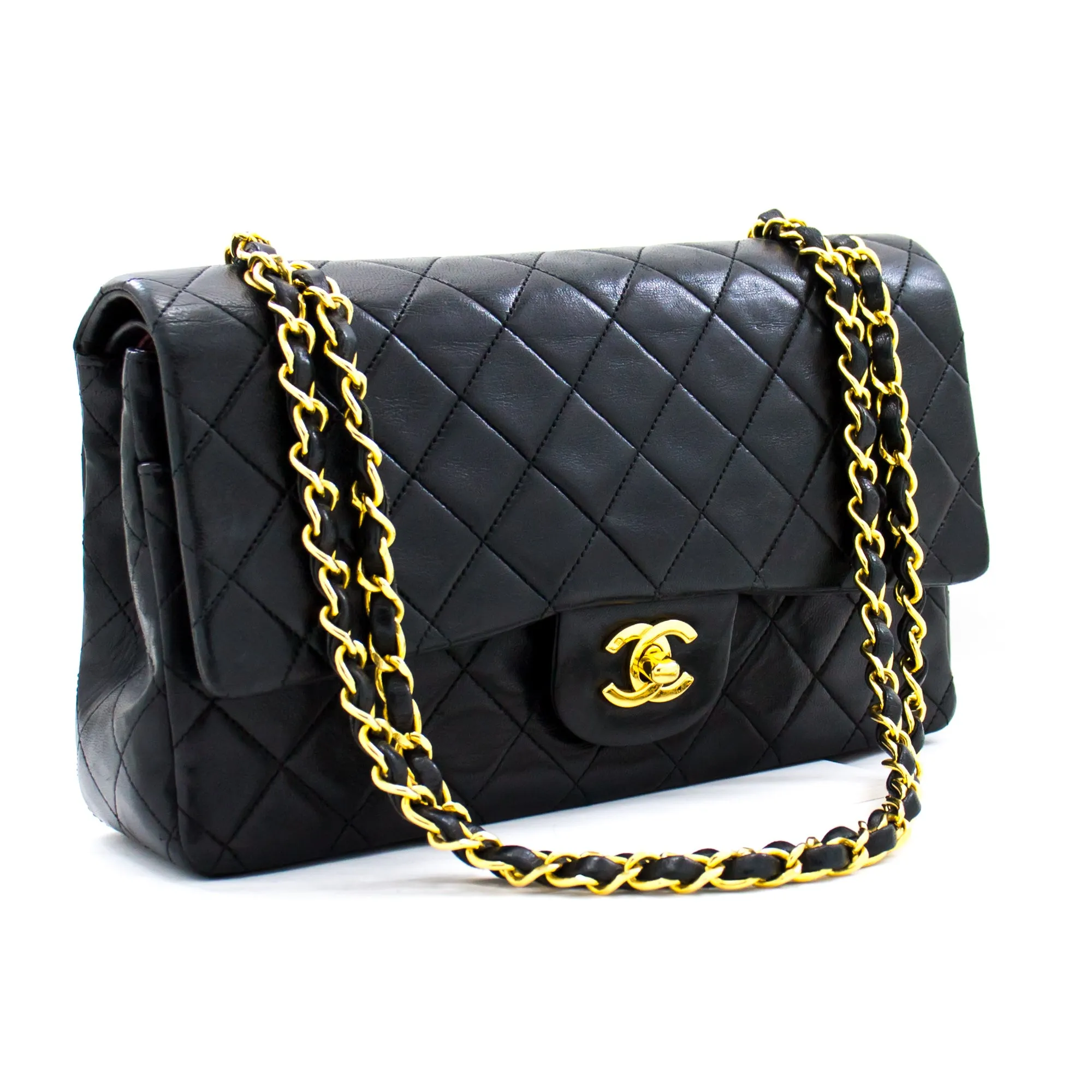 CHANEL Classic Double Flap 10" Chain Shoulder Bag Black Lambskin i71
