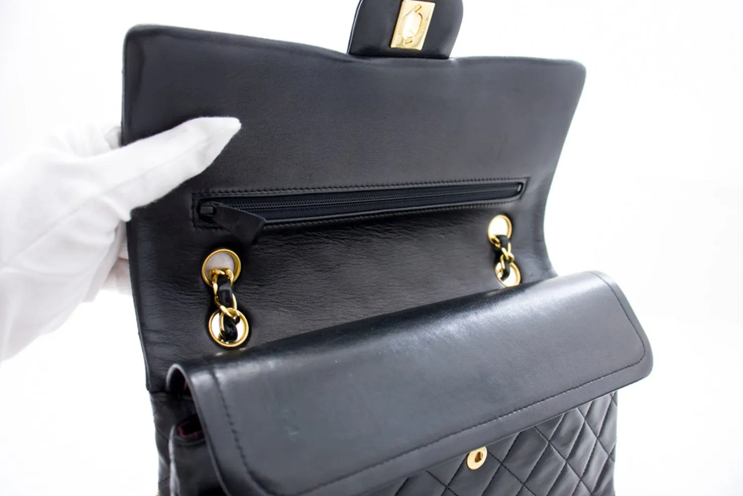 CHANEL Classic Double Flap 10" Chain Shoulder Bag Black Lambskin i71