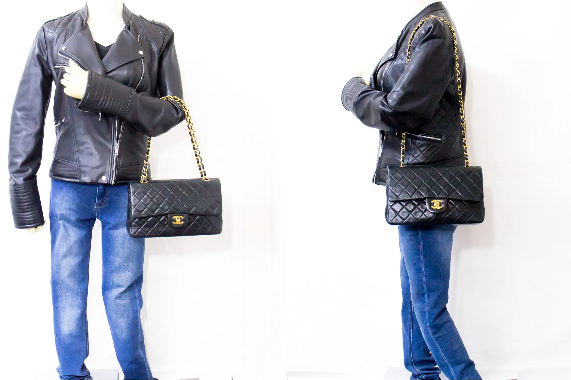 CHANEL Classic Double Flap 10" Chain Shoulder Bag Black Lambskin i71