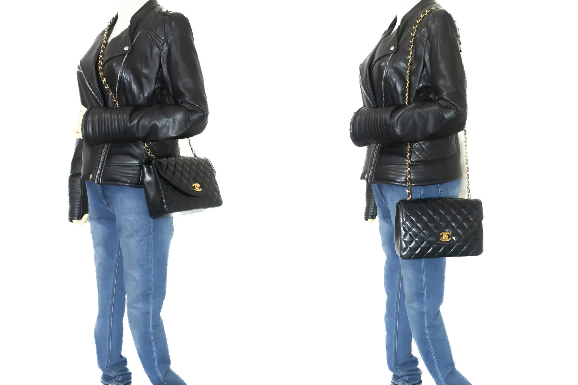 CHANEL Half Moon Chain Shoulder Bag Crossbody Black Quilted Flap n04