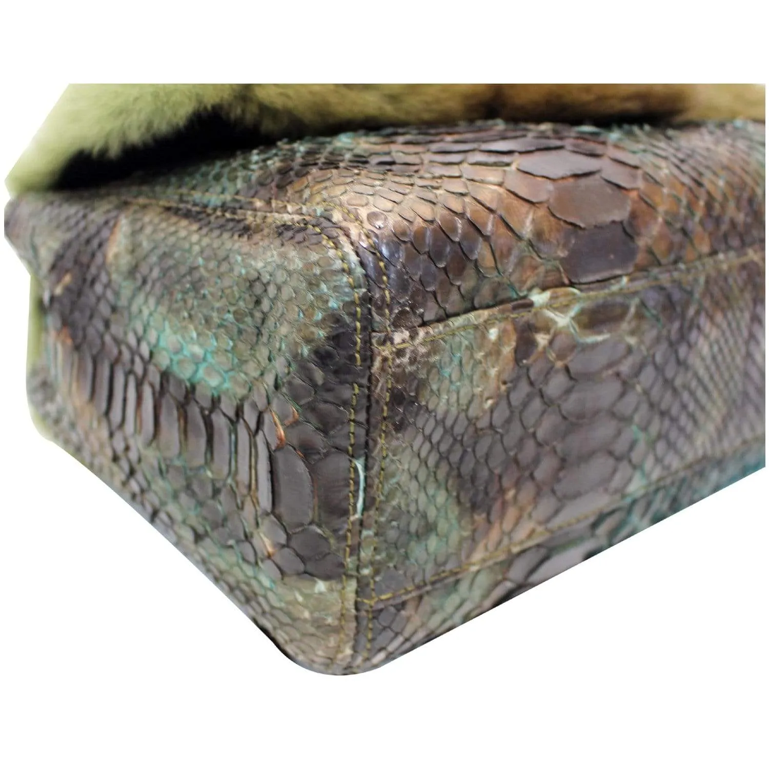 CHANEL Jumbo Classic Fur and Python Leather Flap Shoulder Bag Green - 25% OFF