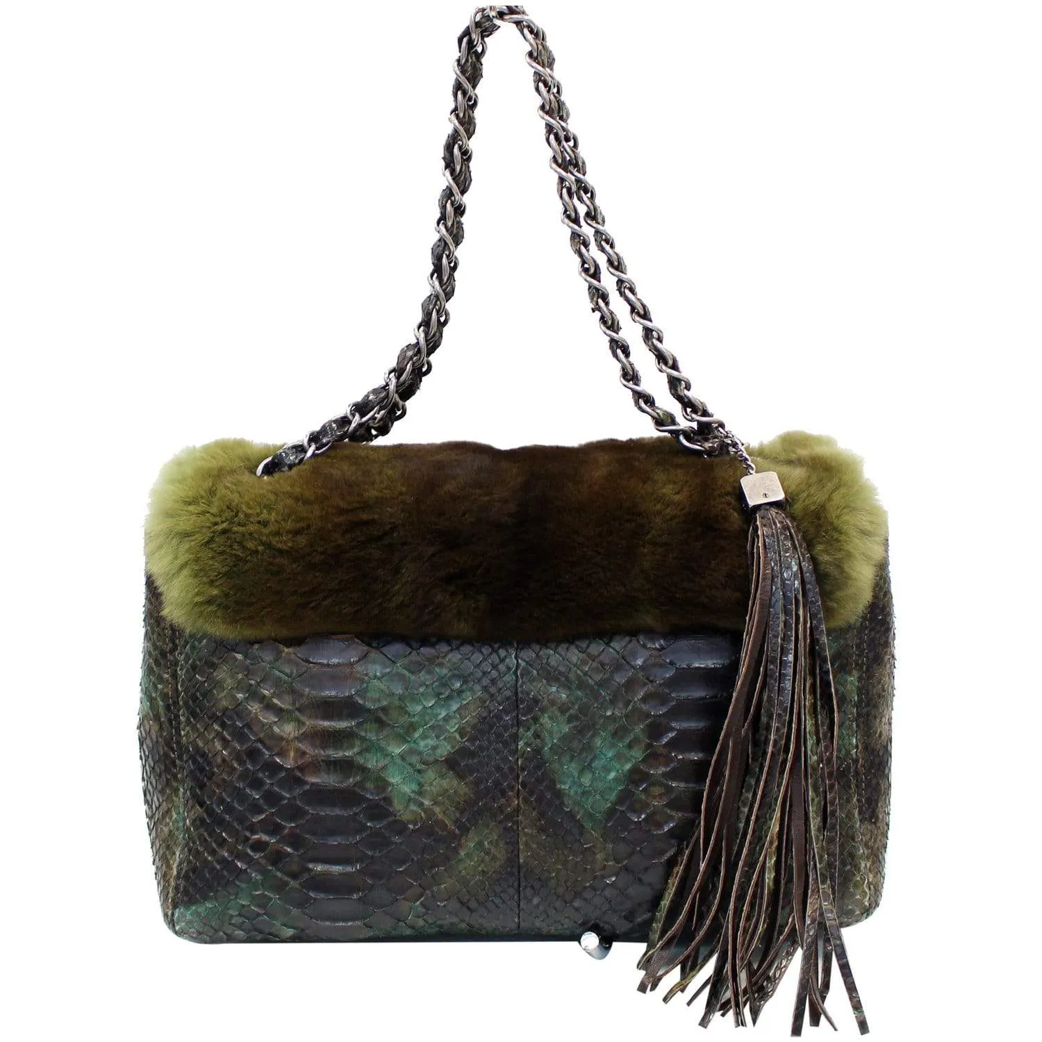 CHANEL Jumbo Classic Fur and Python Leather Flap Shoulder Bag Green - 25% OFF