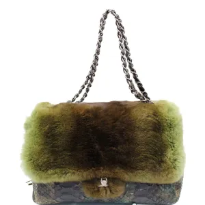 CHANEL Jumbo Classic Fur and Python Leather Flap Shoulder Bag Green - 25% OFF