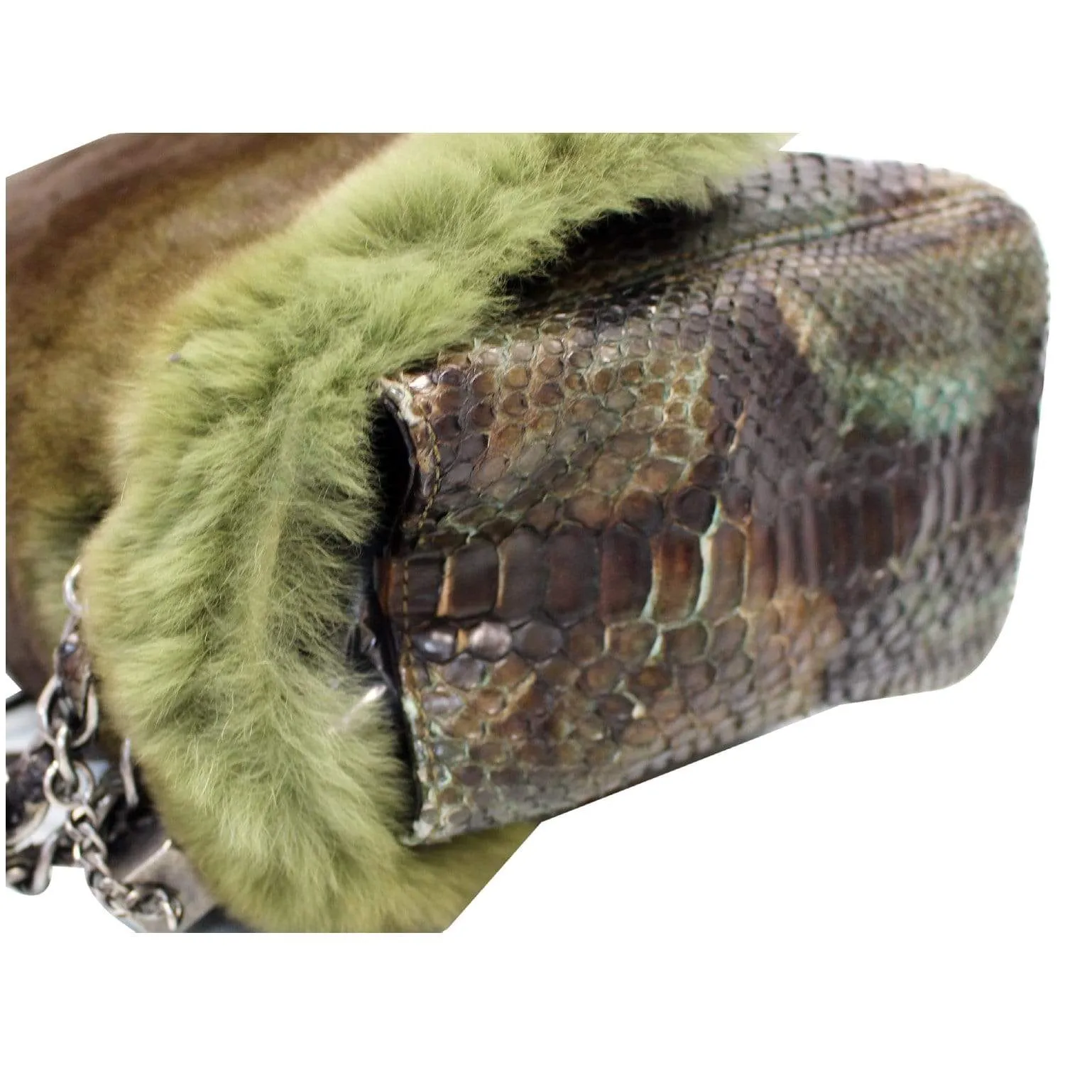 CHANEL Jumbo Classic Fur and Python Leather Flap Shoulder Bag Green - 25% OFF
