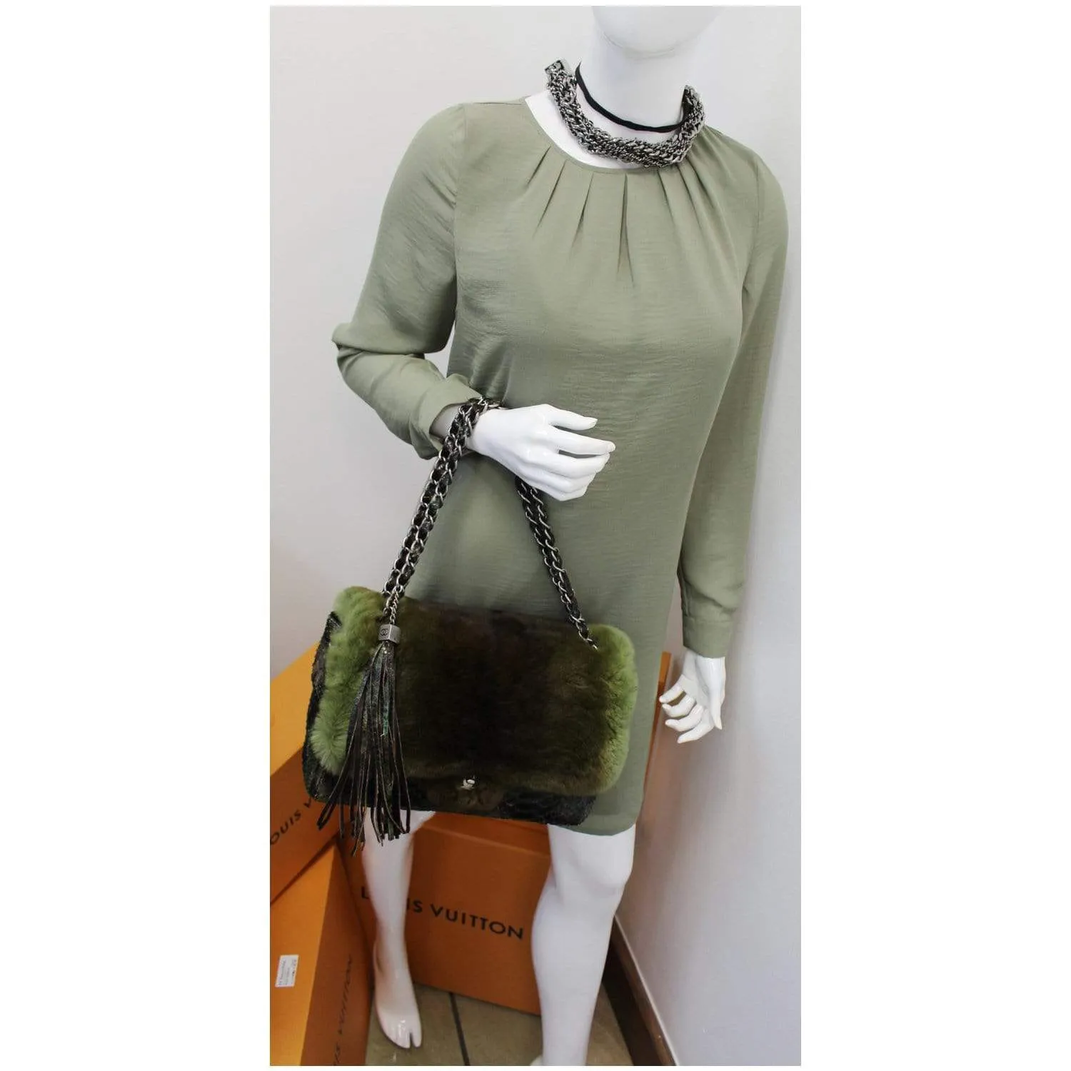 CHANEL Jumbo Classic Fur and Python Leather Flap Shoulder Bag Green - 25% OFF