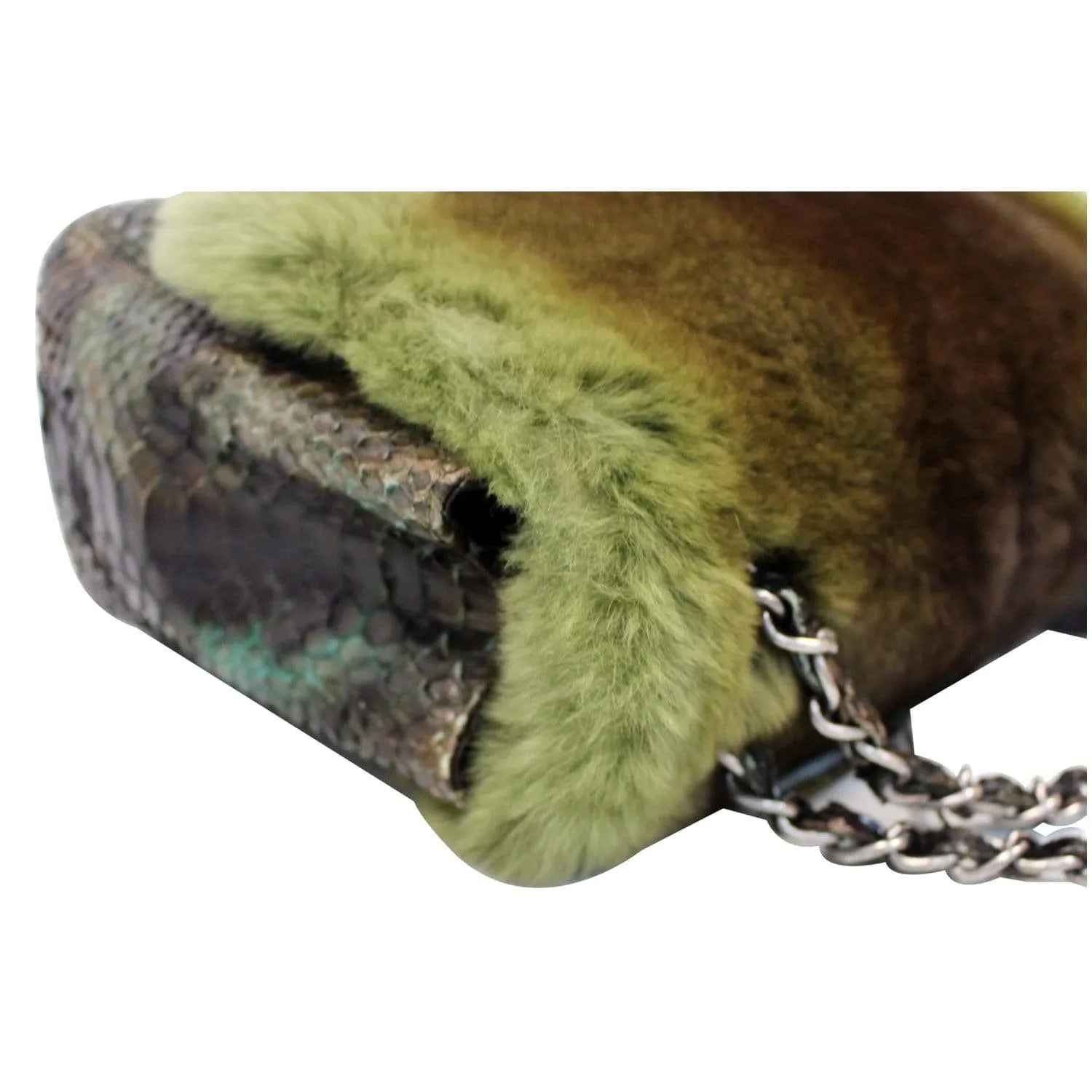 CHANEL Jumbo Classic Fur and Python Leather Flap Shoulder Bag Green - 25% OFF
