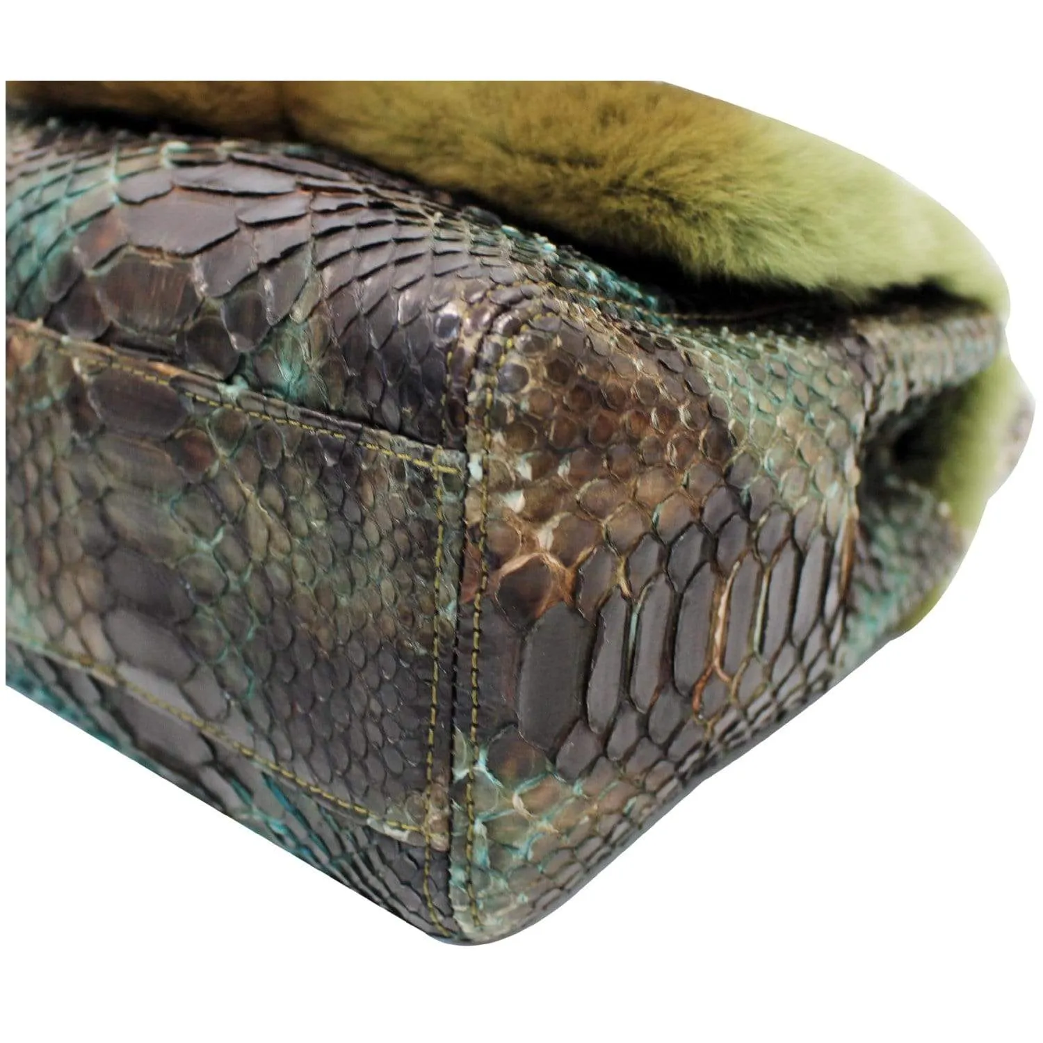 CHANEL Jumbo Classic Fur and Python Leather Flap Shoulder Bag Green - 25% OFF