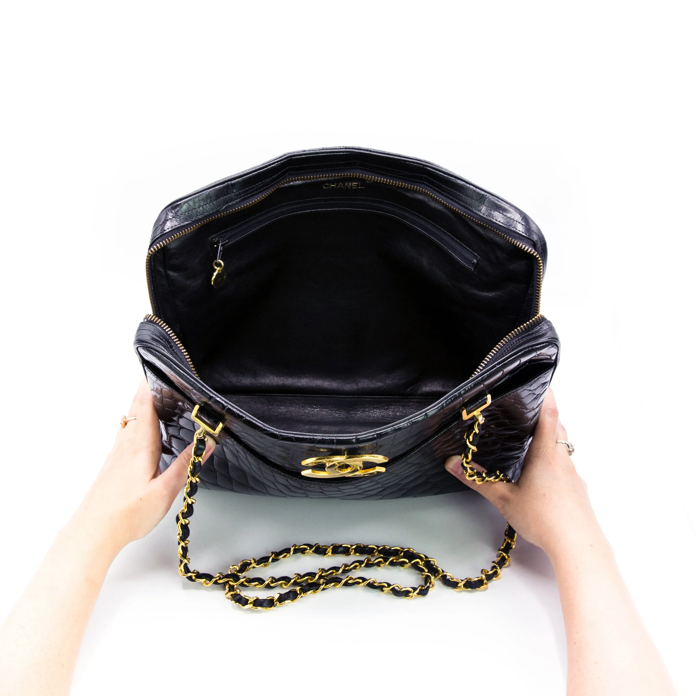 Chanel Vintage Black Crocodile Rare Camera Jumbo Maxi Bag