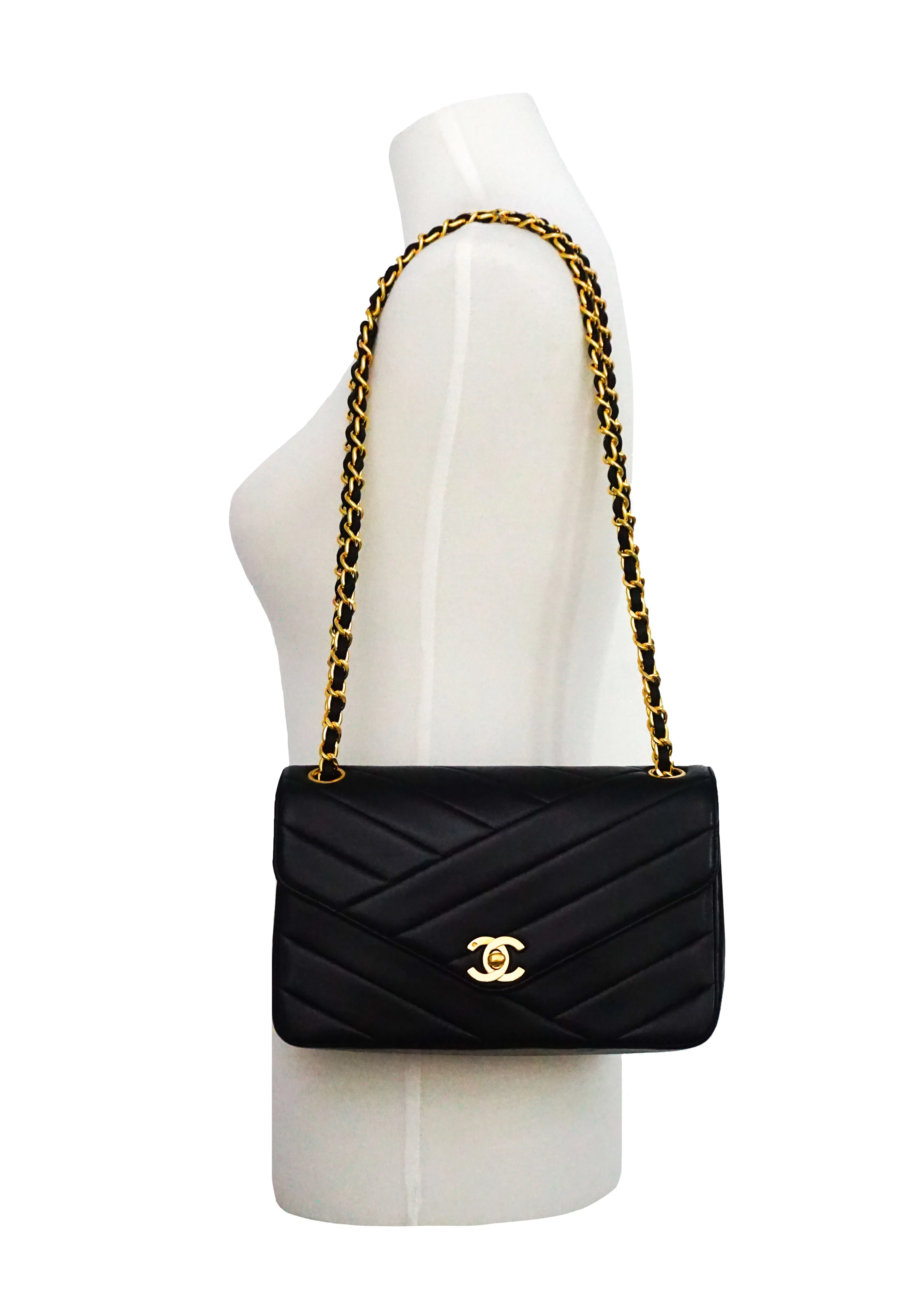 Chanel Vintage Black Lambskin Rare Chevron Single Flap