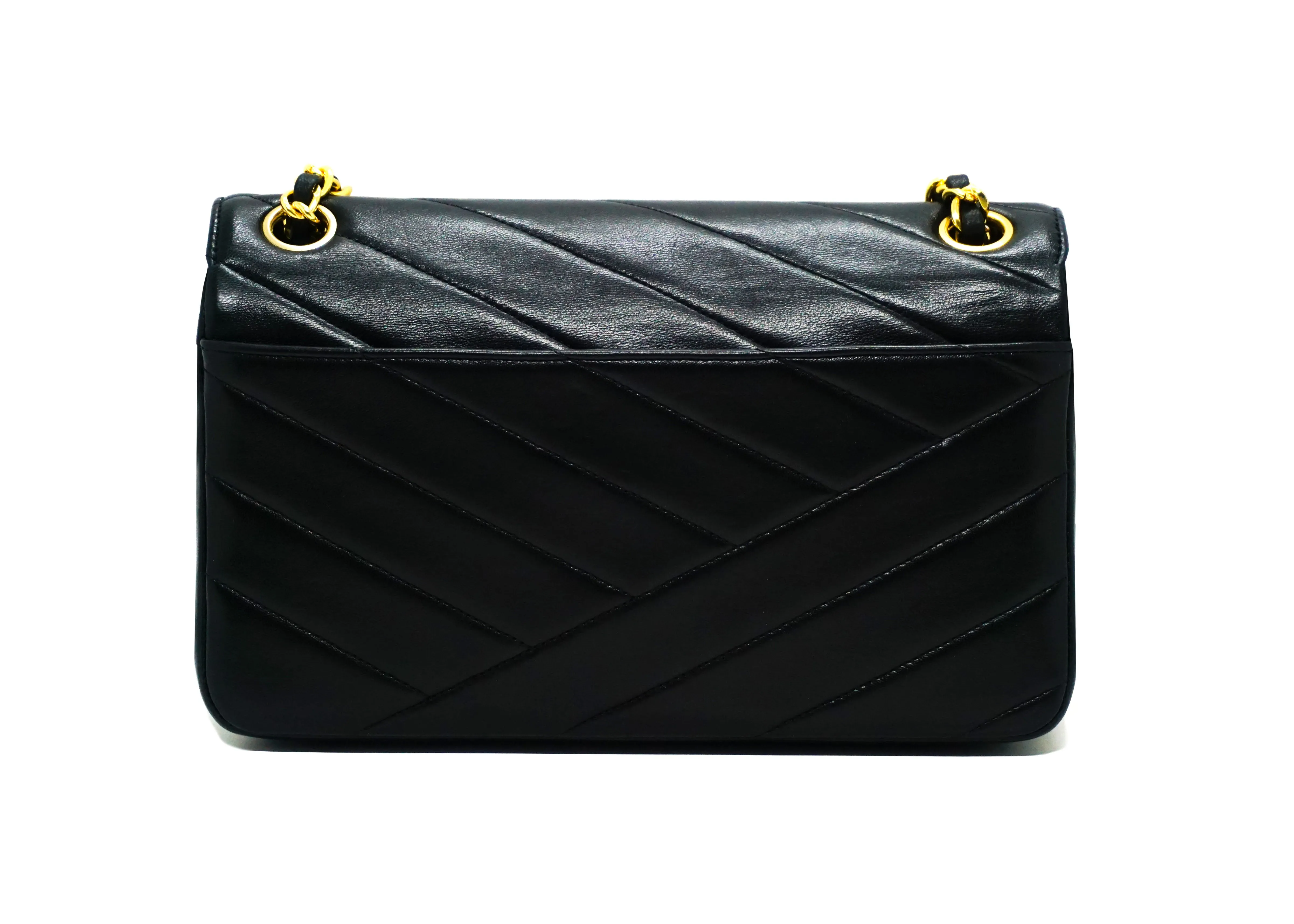 Chanel Vintage Black Lambskin Rare Chevron Single Flap