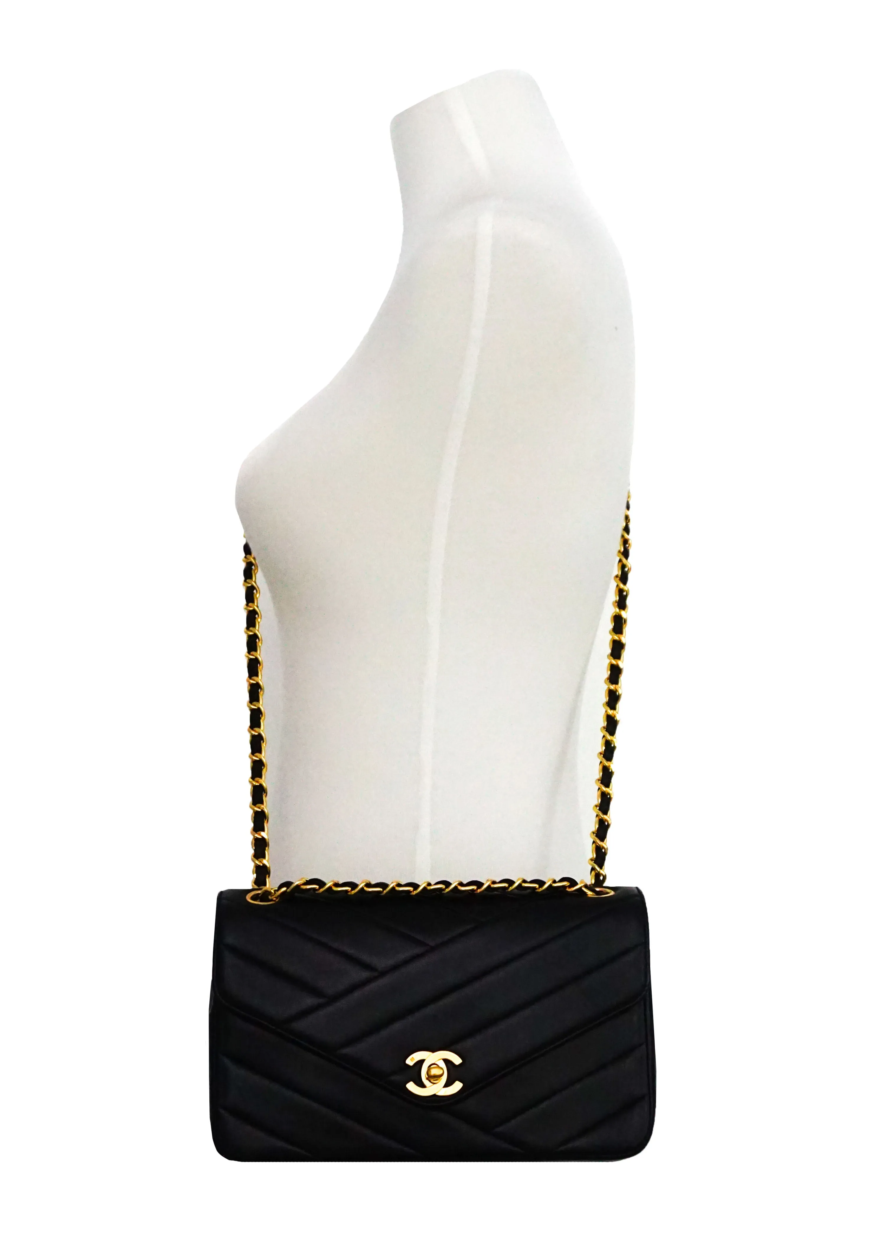 Chanel Vintage Black Lambskin Rare Chevron Single Flap