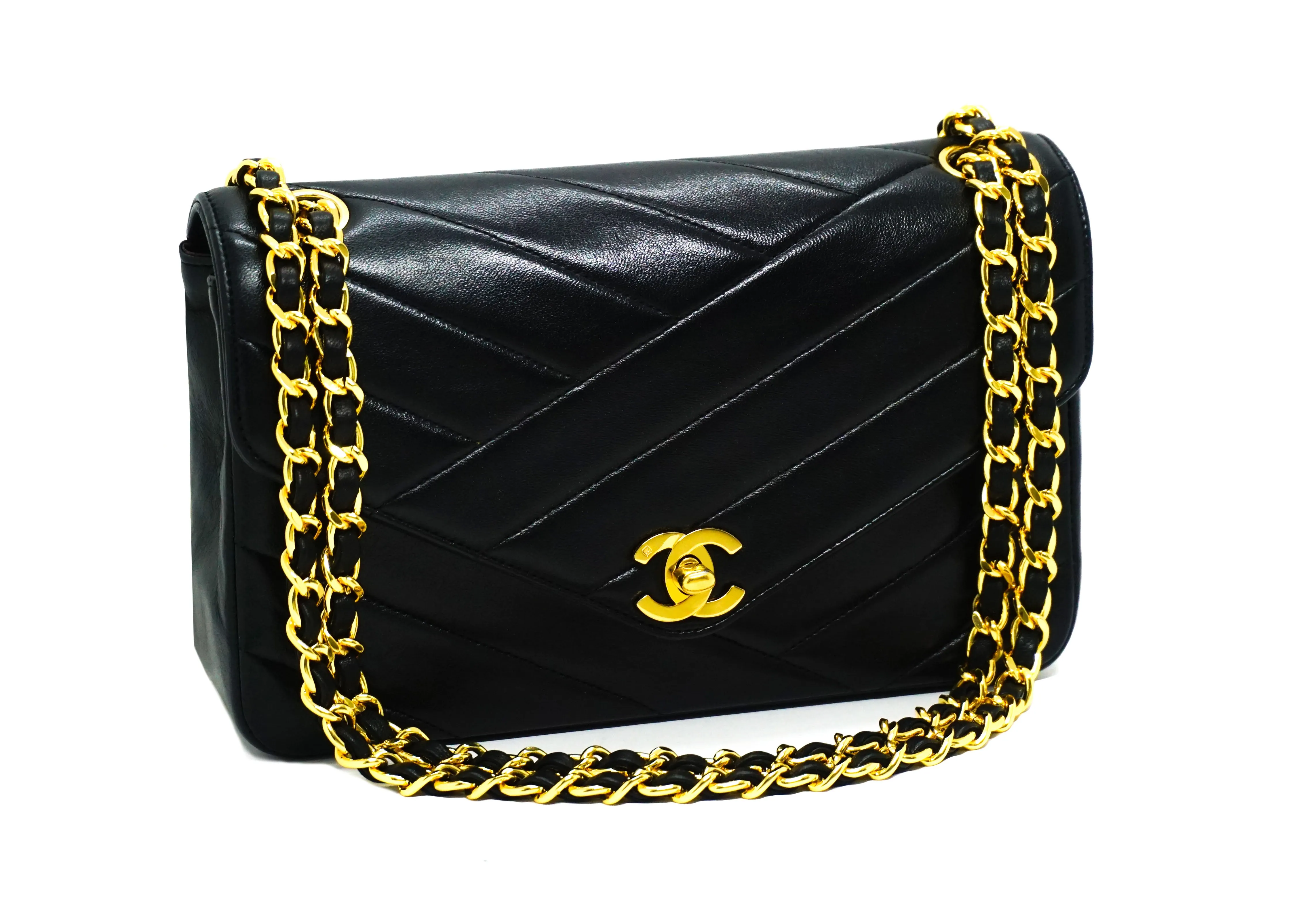 Chanel Vintage Black Lambskin Rare Chevron Single Flap
