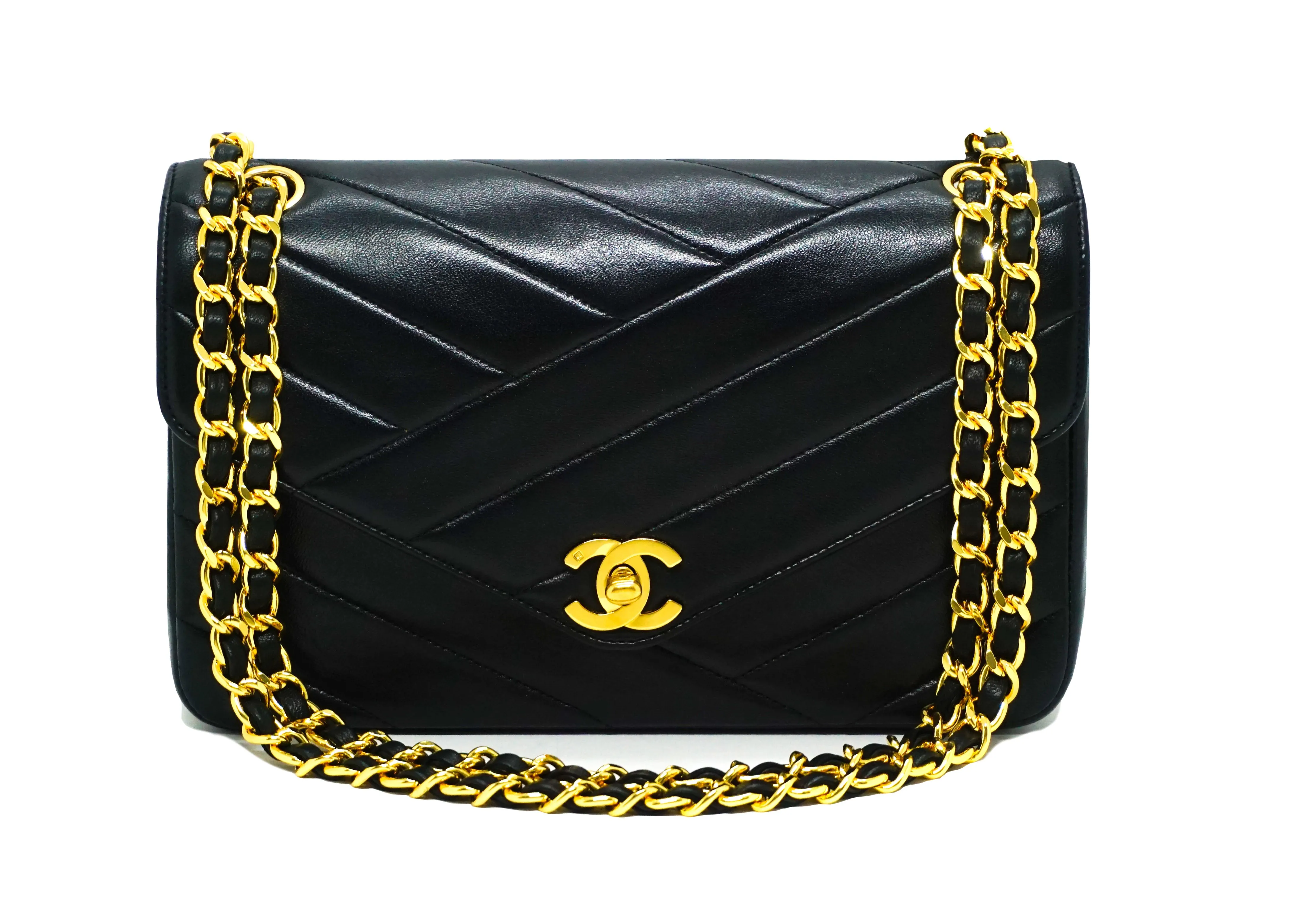 Chanel Vintage Black Lambskin Rare Chevron Single Flap