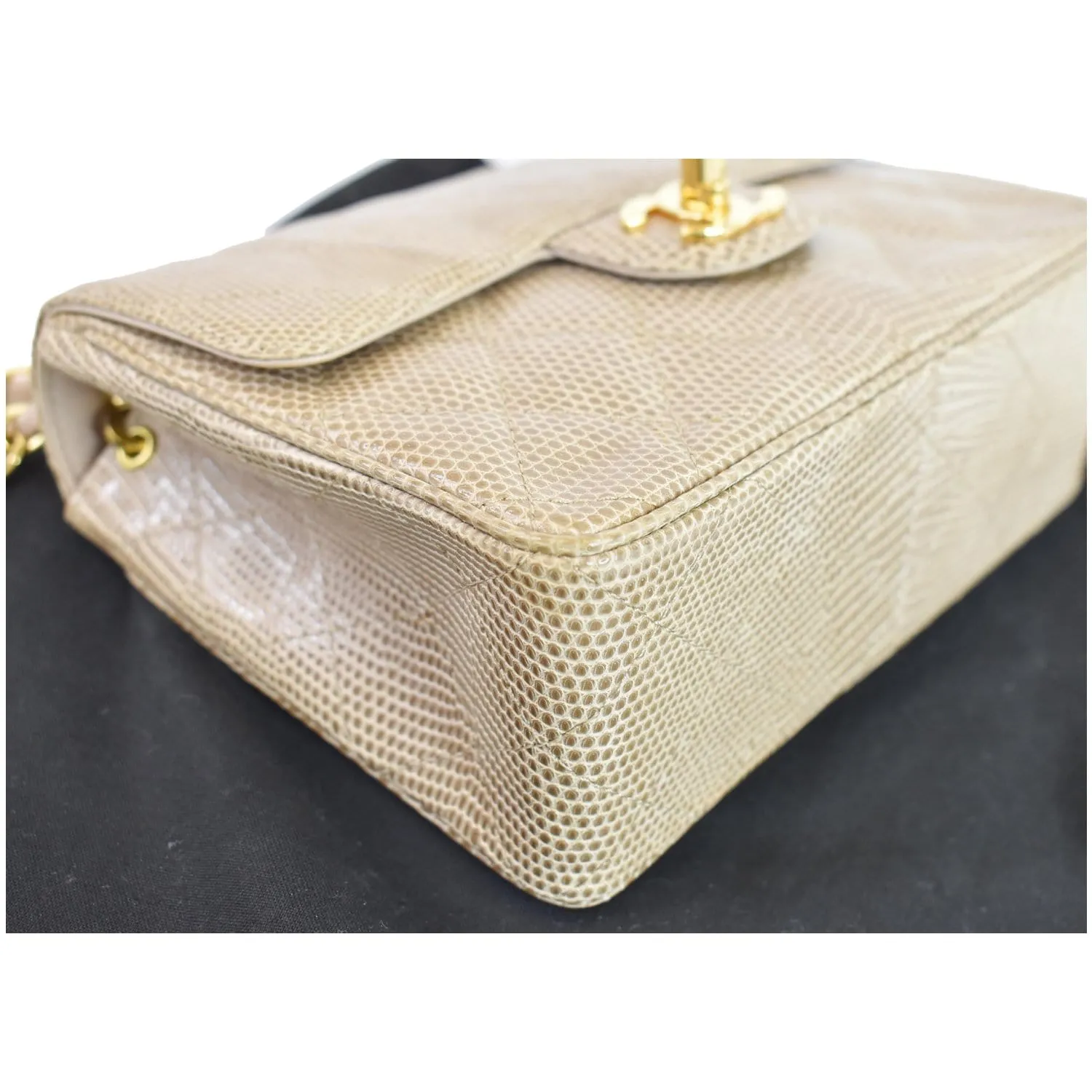 CHANEL Vintage Mini Square Flap Lizard Shoulder Bag Beige/Gold