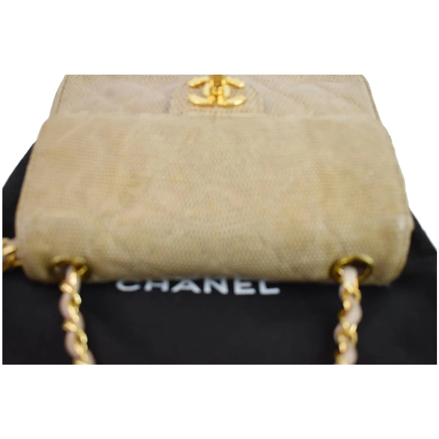 CHANEL Vintage Mini Square Flap Lizard Shoulder Bag Beige/Gold