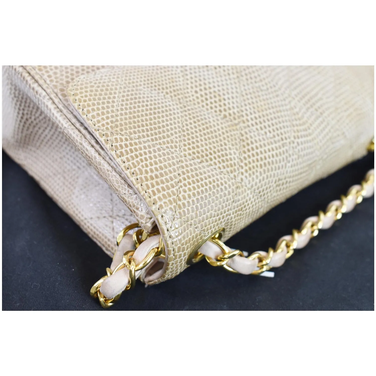 CHANEL Vintage Mini Square Flap Lizard Shoulder Bag Beige/Gold