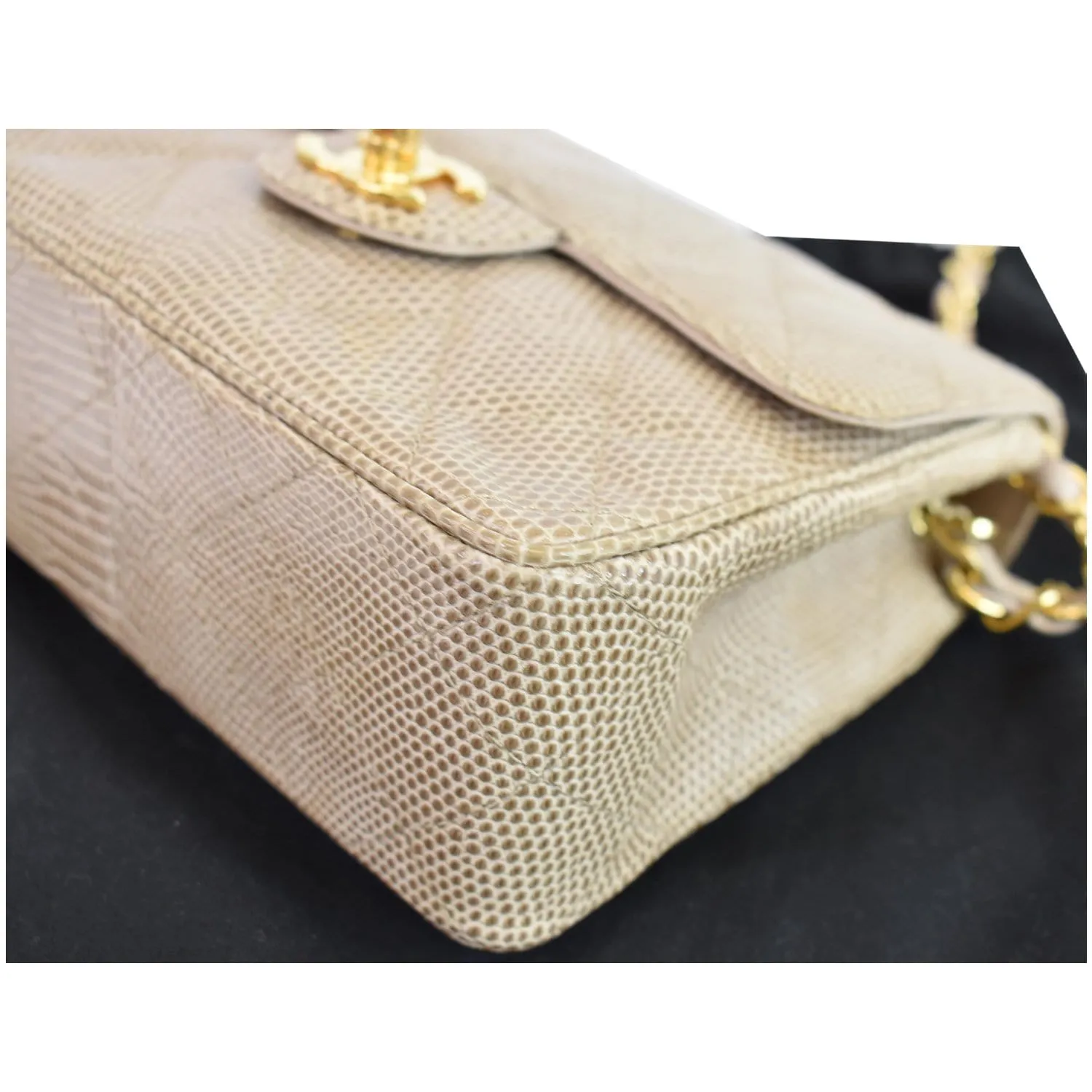 CHANEL Vintage Mini Square Flap Lizard Shoulder Bag Beige/Gold