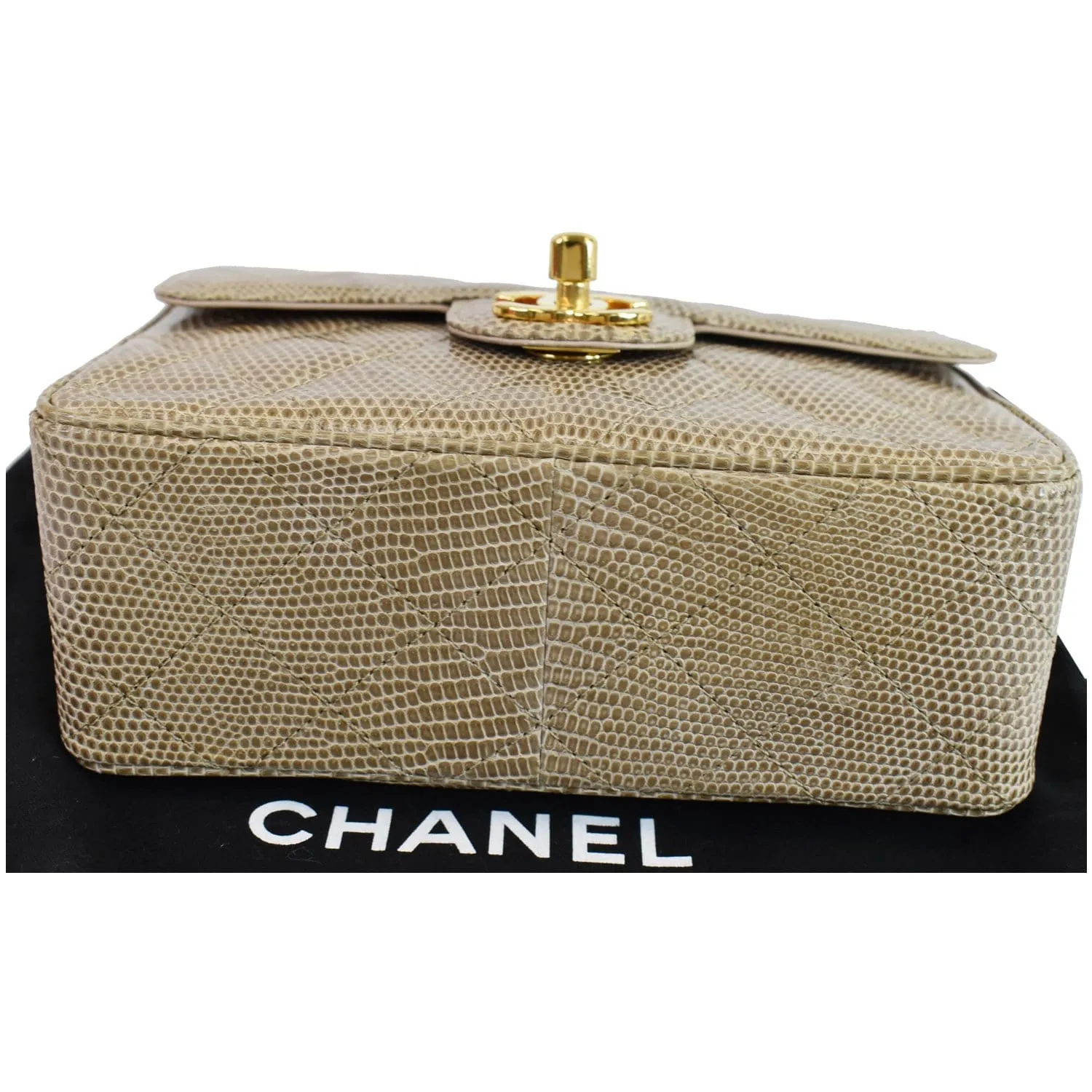 CHANEL Vintage Mini Square Flap Lizard Shoulder Bag Beige/Gold
