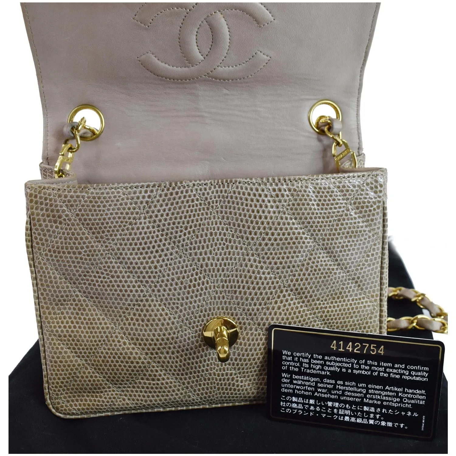 CHANEL Vintage Mini Square Flap Lizard Shoulder Bag Beige/Gold