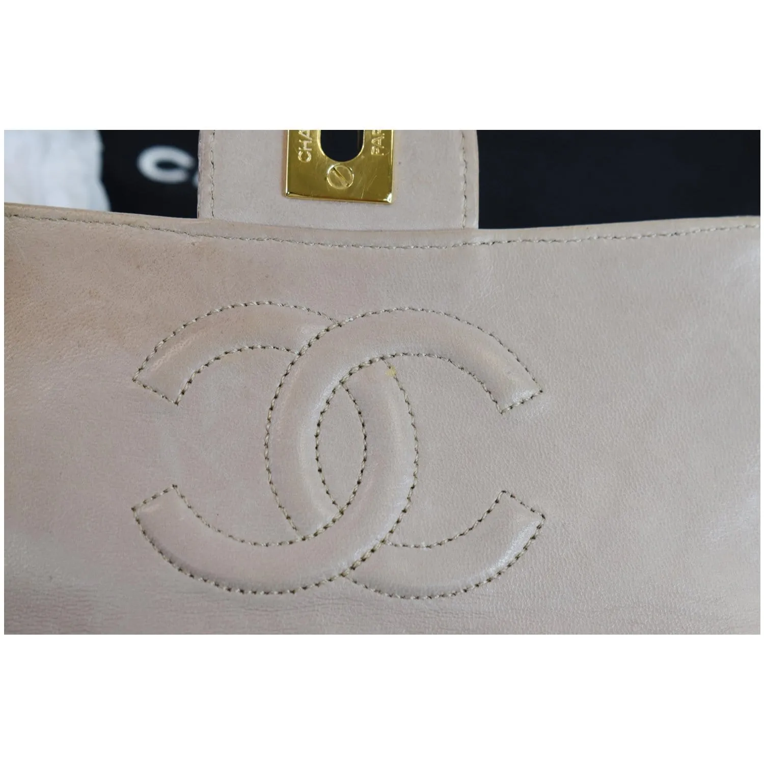 CHANEL Vintage Mini Square Flap Lizard Shoulder Bag Beige/Gold