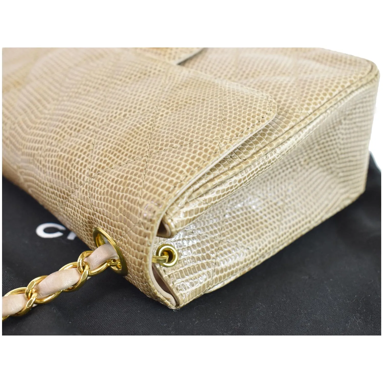 CHANEL Vintage Mini Square Flap Lizard Shoulder Bag Beige/Gold