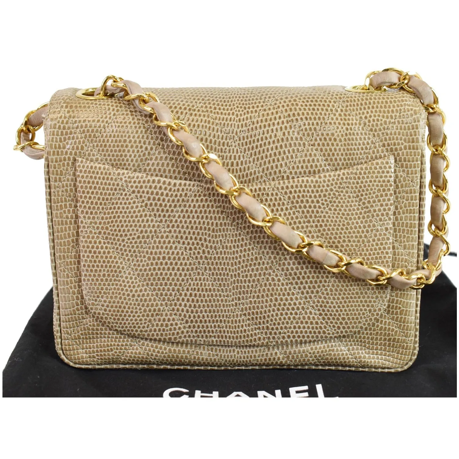 CHANEL Vintage Mini Square Flap Lizard Shoulder Bag Beige/Gold