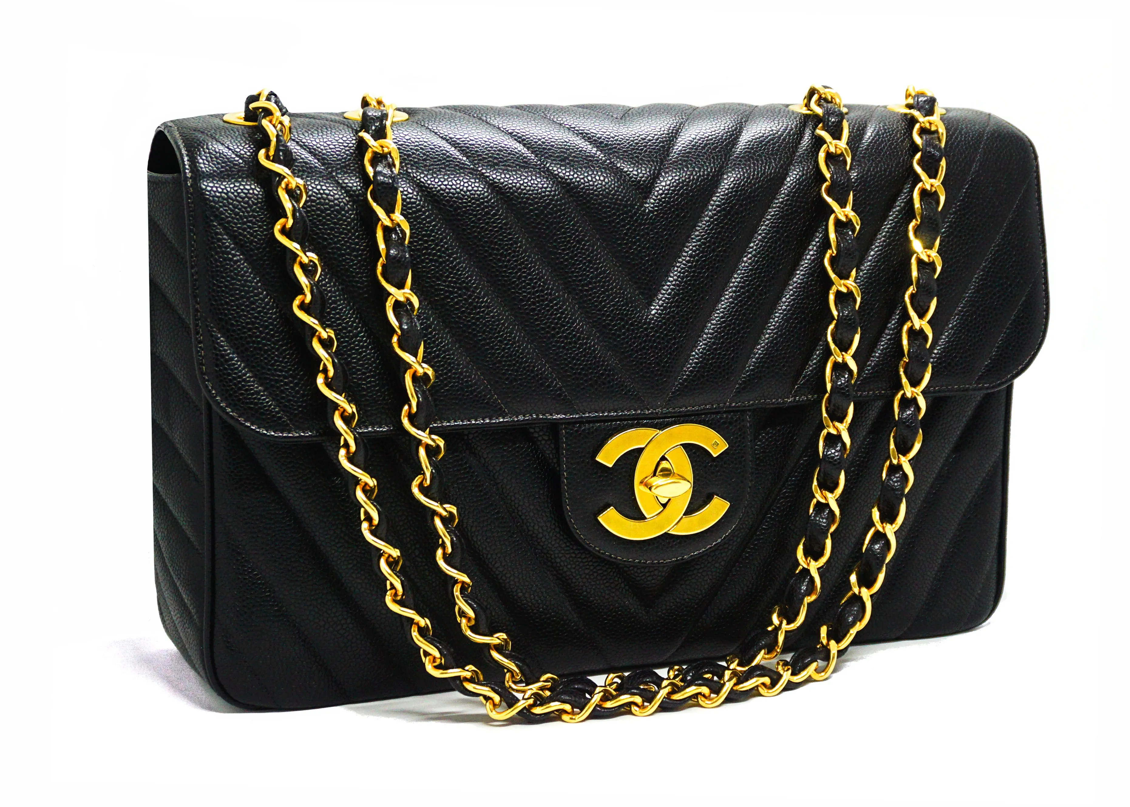 Chanel Vintage Rare Black Caviar Chevron Maxi XL Jumbo