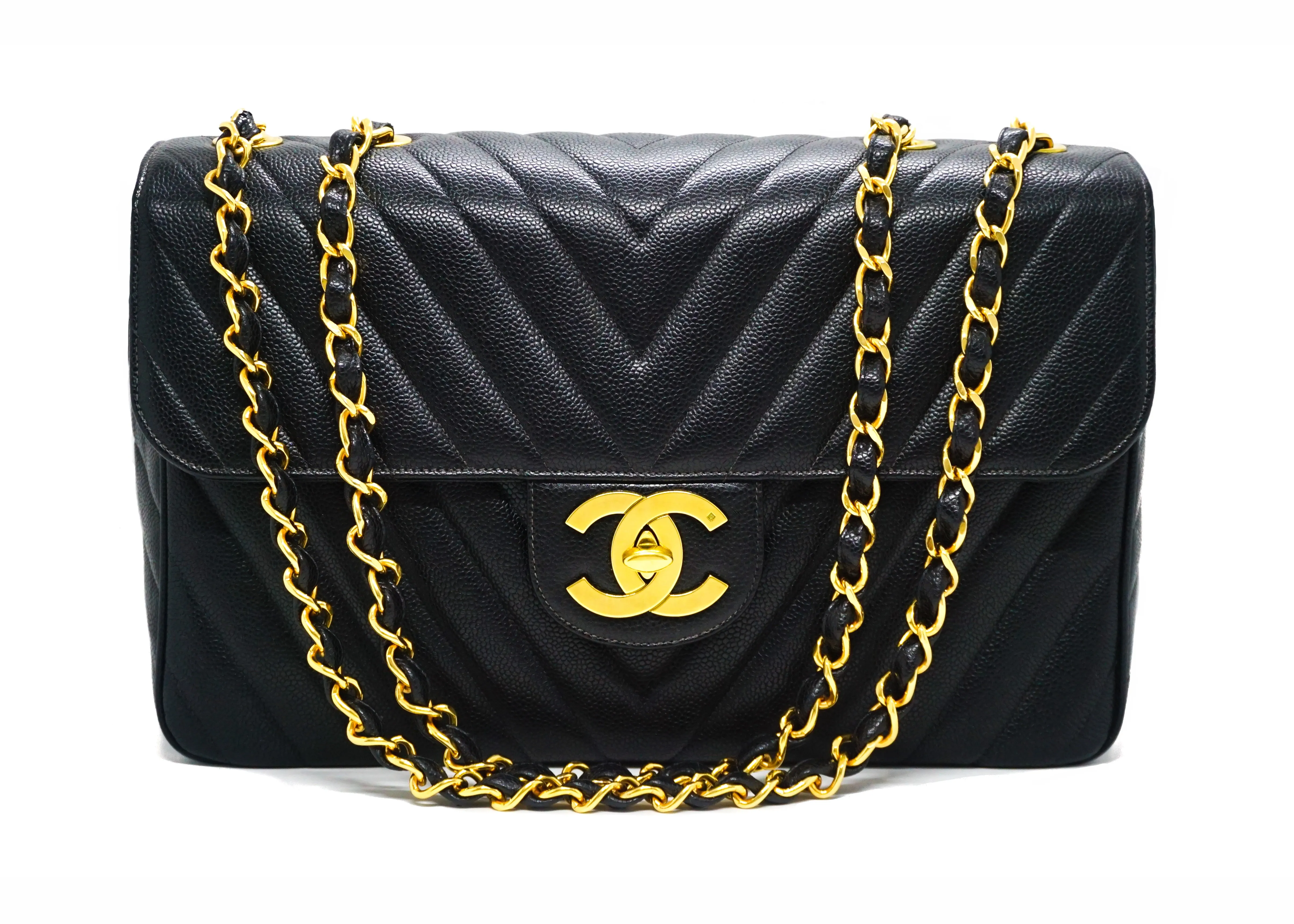 Chanel Vintage Rare Black Caviar Chevron Maxi XL Jumbo