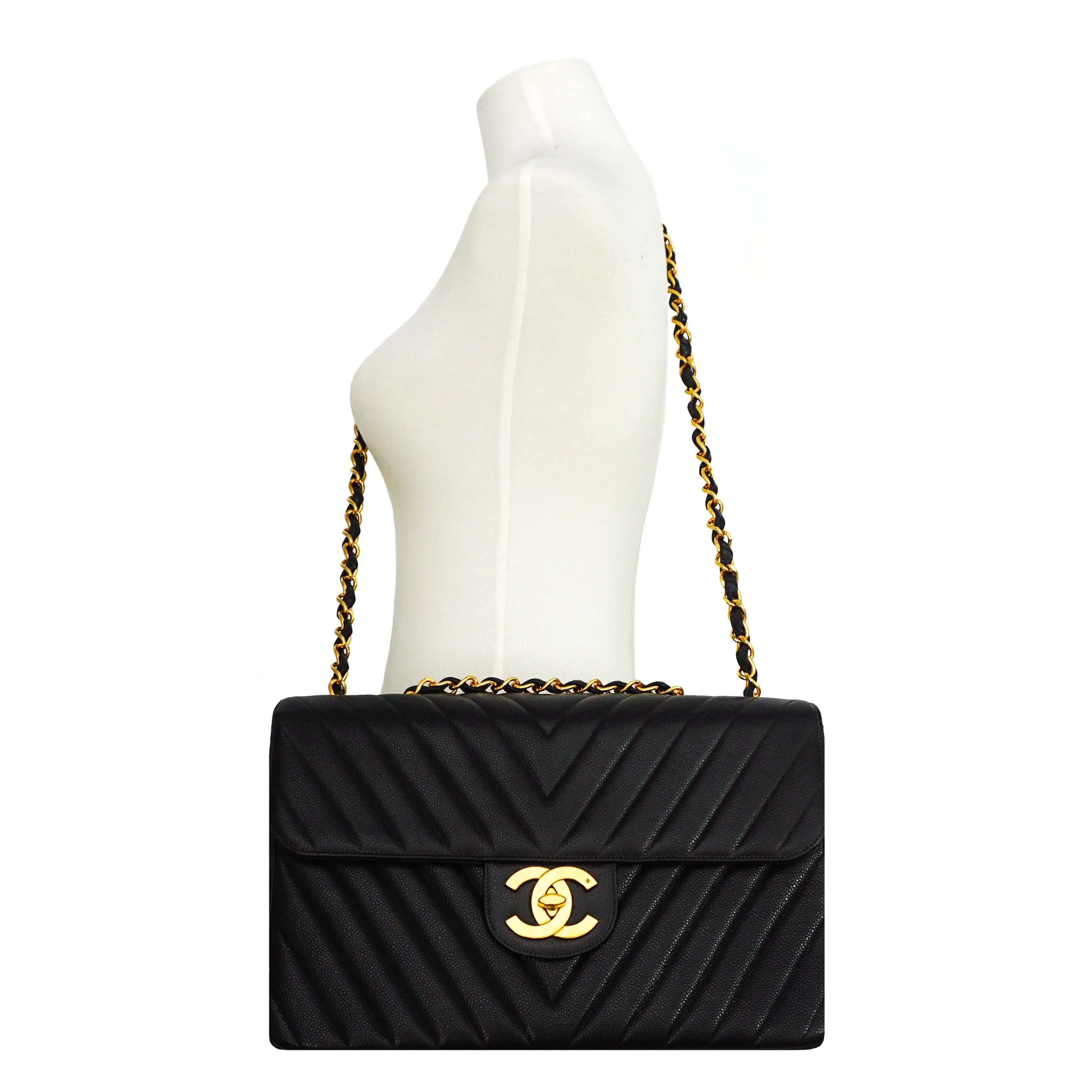 Chanel Vintage Rare Black Caviar Chevron Maxi XL Jumbo