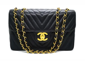 Chanel Vintage Rare Black Caviar Chevron Maxi XL Jumbo