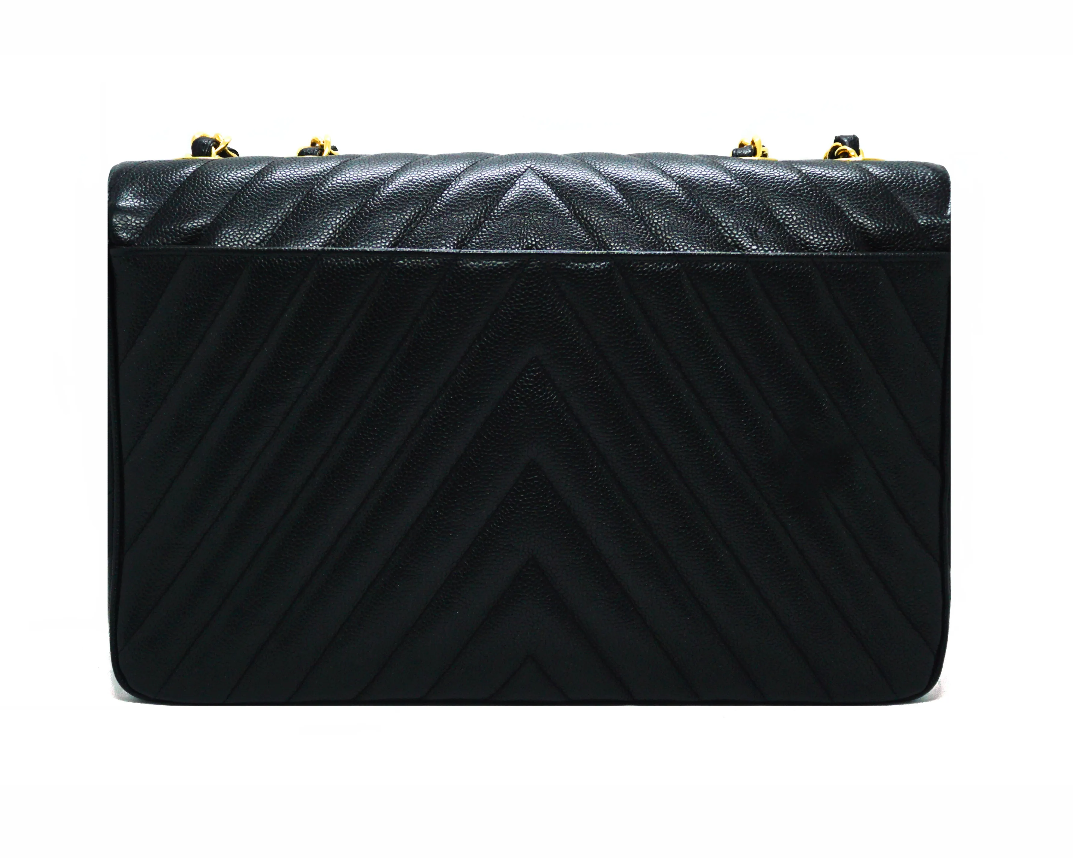 Chanel Vintage Rare Black Caviar Chevron Maxi XL Jumbo