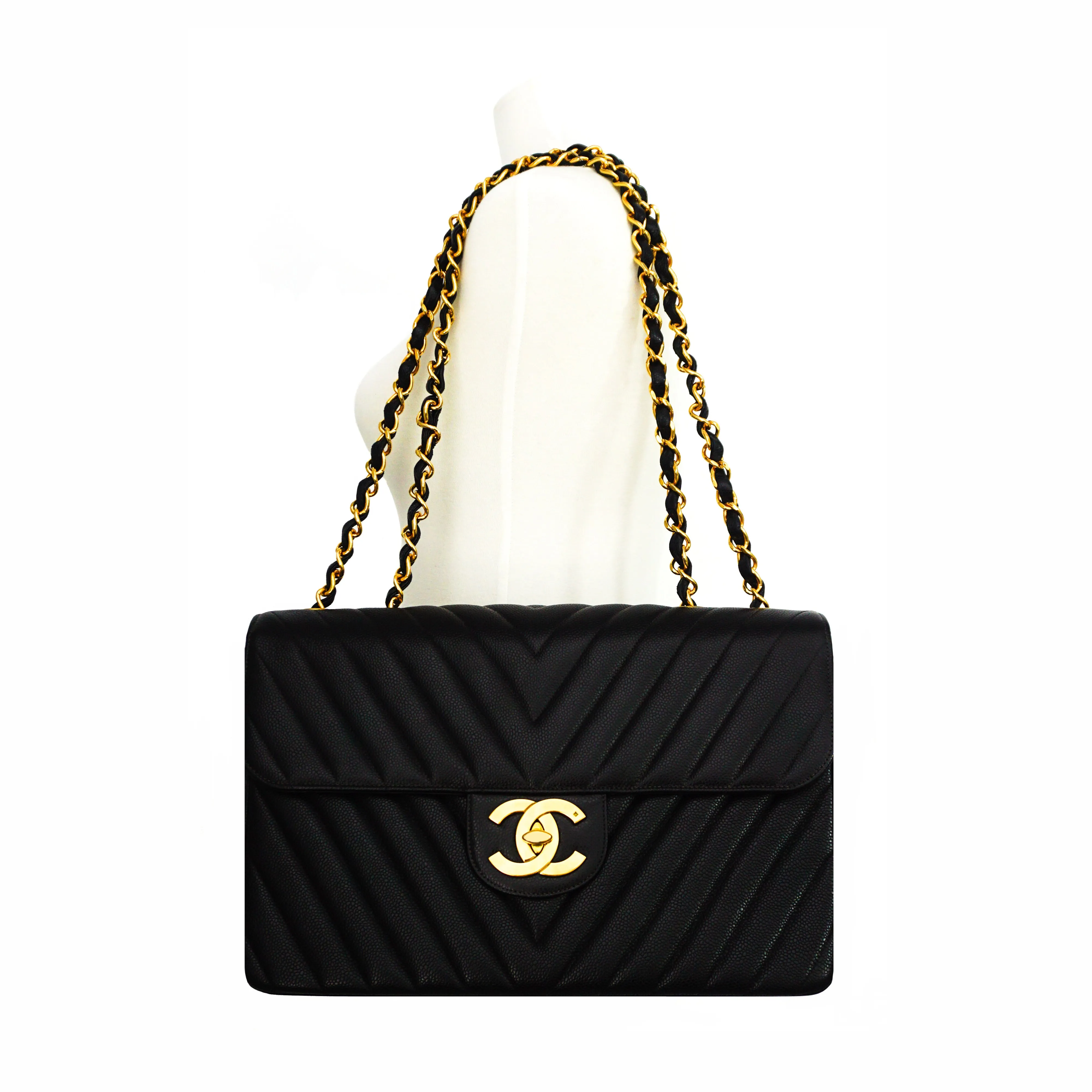 Chanel Vintage Rare Black Caviar Chevron Maxi XL Jumbo